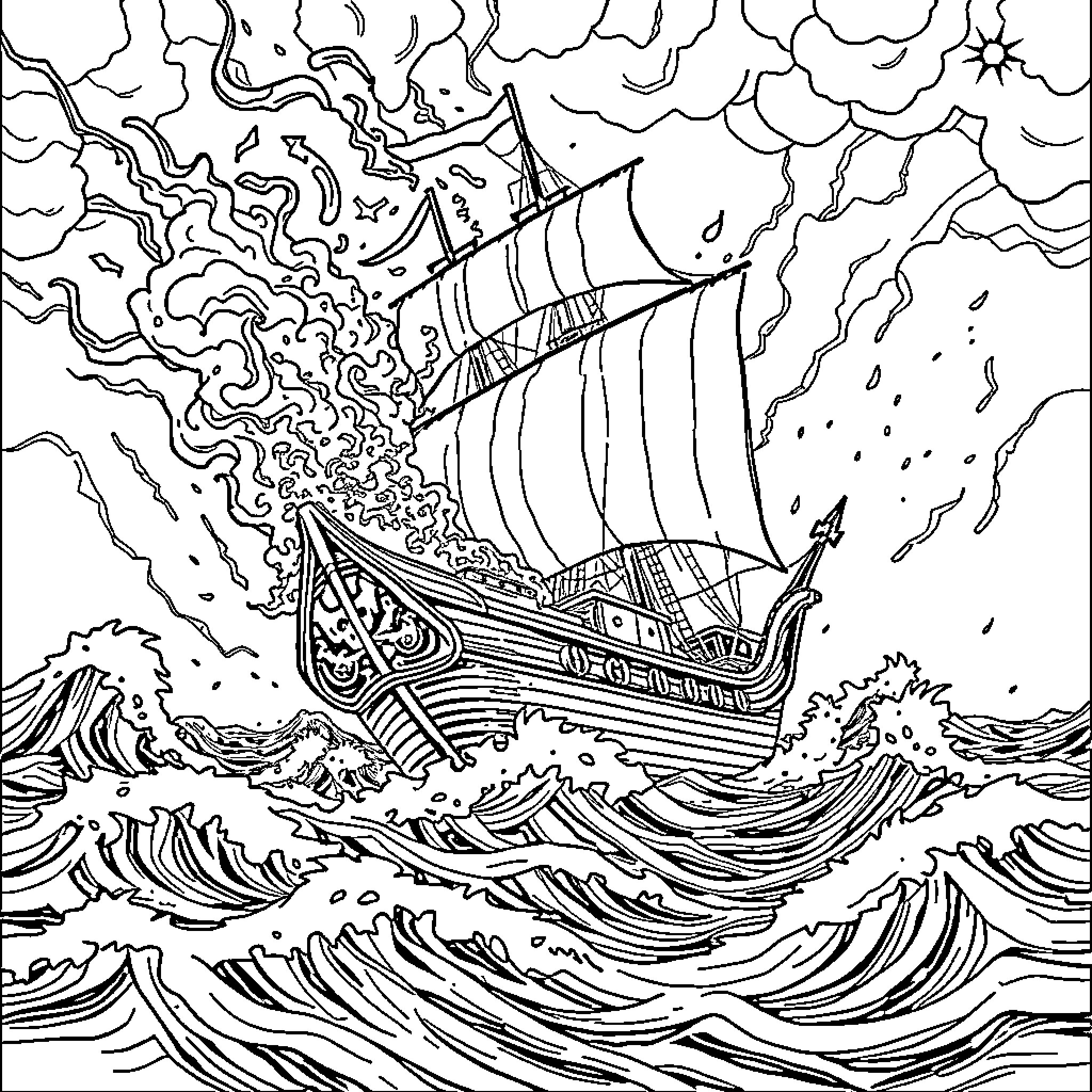 Pirate Ship Sailing Through Stormy Seas Coloring Page (free black-and-white line drawing printable PDF for all, from beginners to advanced learners, including children, teens, adults, and seniors)