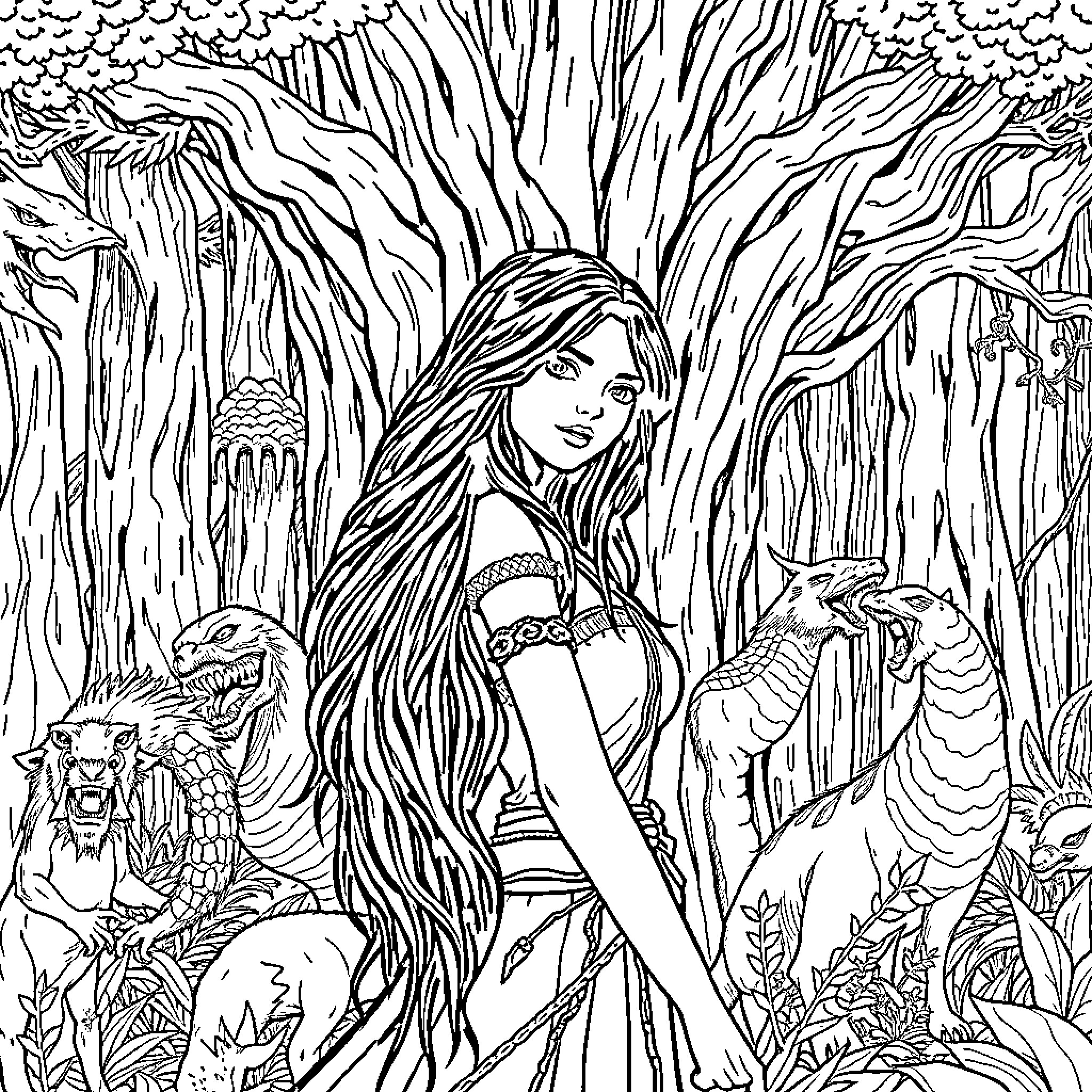 Princess Mononoke in the Enchanted Forest Coloring Page (free black-and-white line drawing printable PDF for all, from beginners to advanced learners, including children, teens, adults, and seniors)
