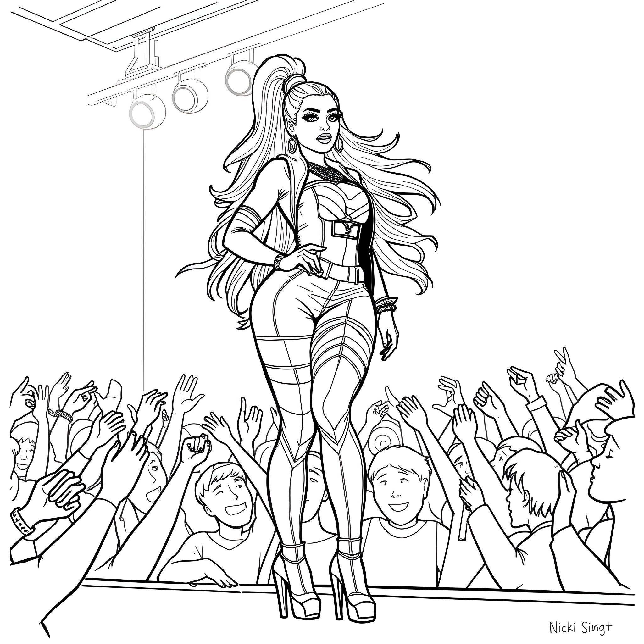 Nicki Minaj Performing on Stage with Enthusiastic Audience Coloring Page (free black-and-white line drawing printable PDF for all, from beginners to advanced learners, including children, teens, adults, and seniors)