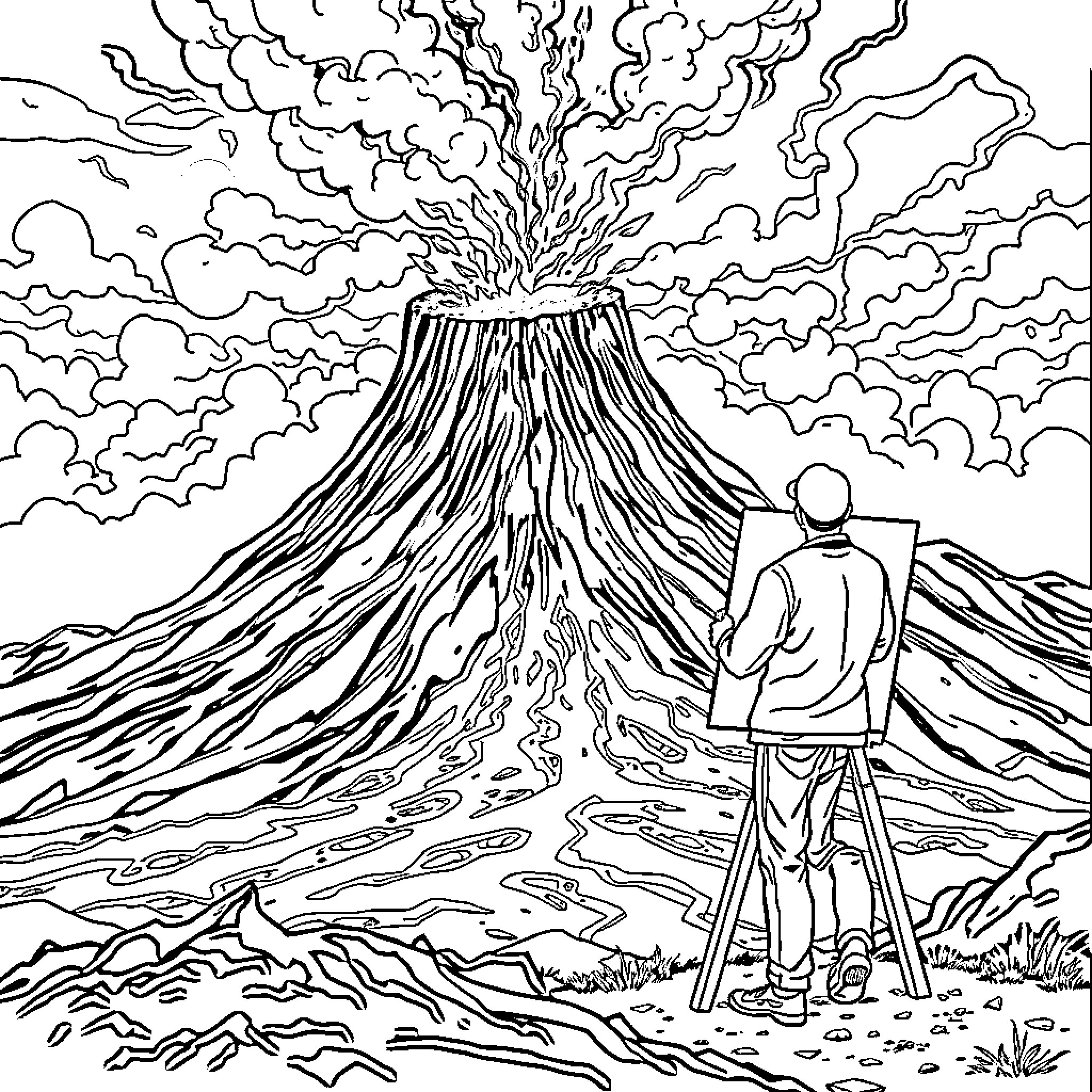 Painter observing a volcanic eruption in the distance Coloring Page (free black-and-white line drawing printable PDF for all, from beginners to advanced learners, including children, teens, adults, and seniors)
