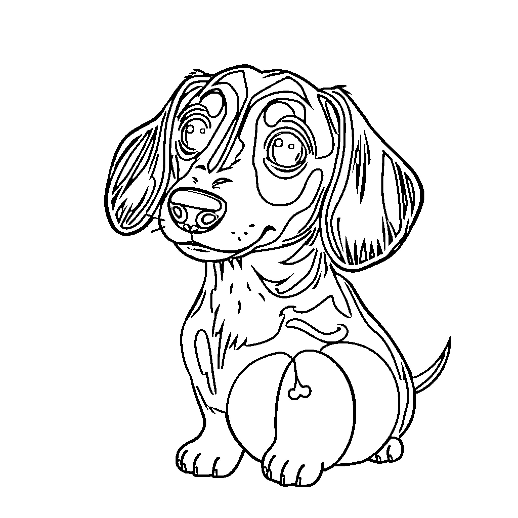 Dachshund puppy with playful expression Coloring Page (free black-and-white line drawing printable PDF for all, from beginners to advanced learners, including children, teens, adults, and seniors)