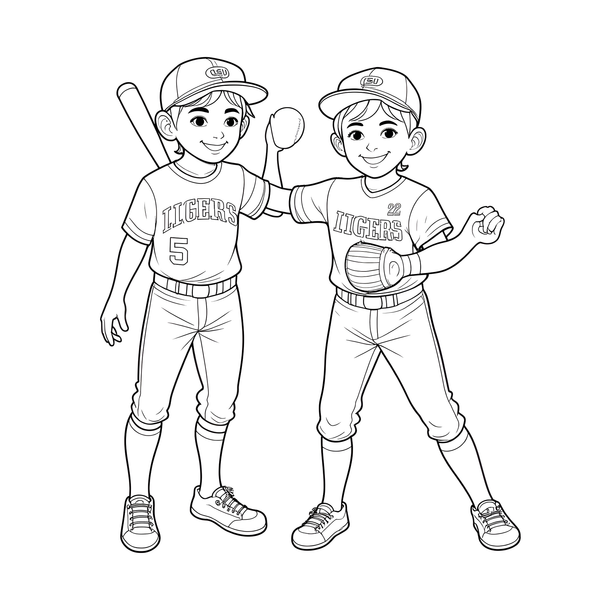Brother baseball players celebrating victory Coloring Page (free black-and-white line drawing printable PDF for all, from beginners to advanced learners, including children, teens, adults, and seniors)