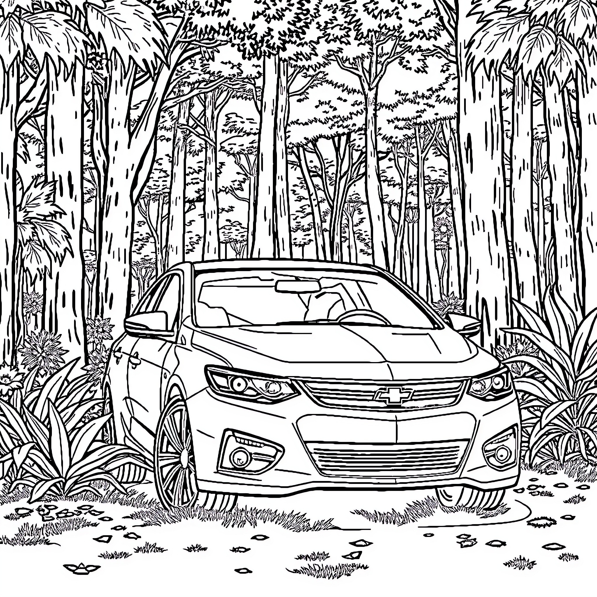 Chevy Impala navigating lush forest landscape Coloring Page (free black-and-white line drawing printable PDF for all, from beginners to advanced learners, including children, teens, adults, and seniors)