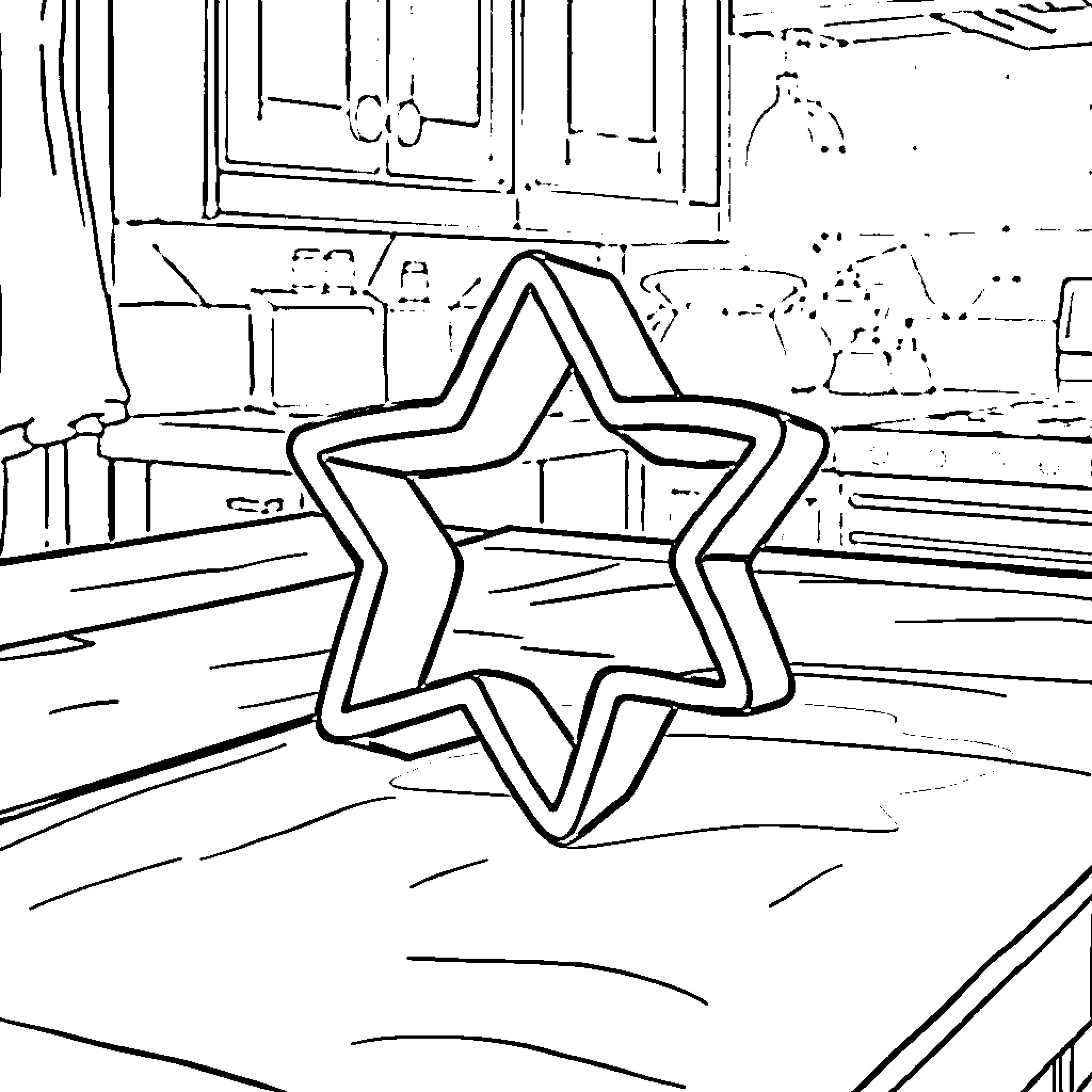 Star-shaped object in a room Coloring Page (free black-and-white line drawing printable PDF for all, from beginners to advanced learners, including children, teens, adults, and seniors)