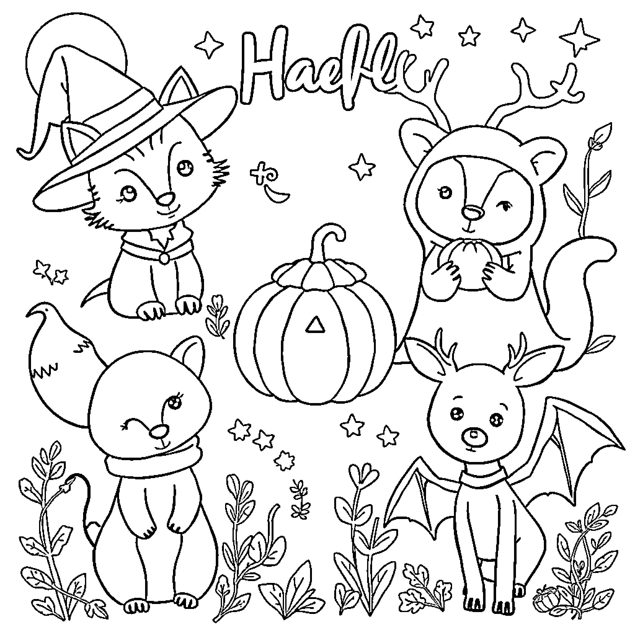 Woodland Animals Celebrating Halloween Coloring Page (free black-and-white line drawing printable PDF for all, from beginners to advanced learners, including children, teens, adults, and seniors)