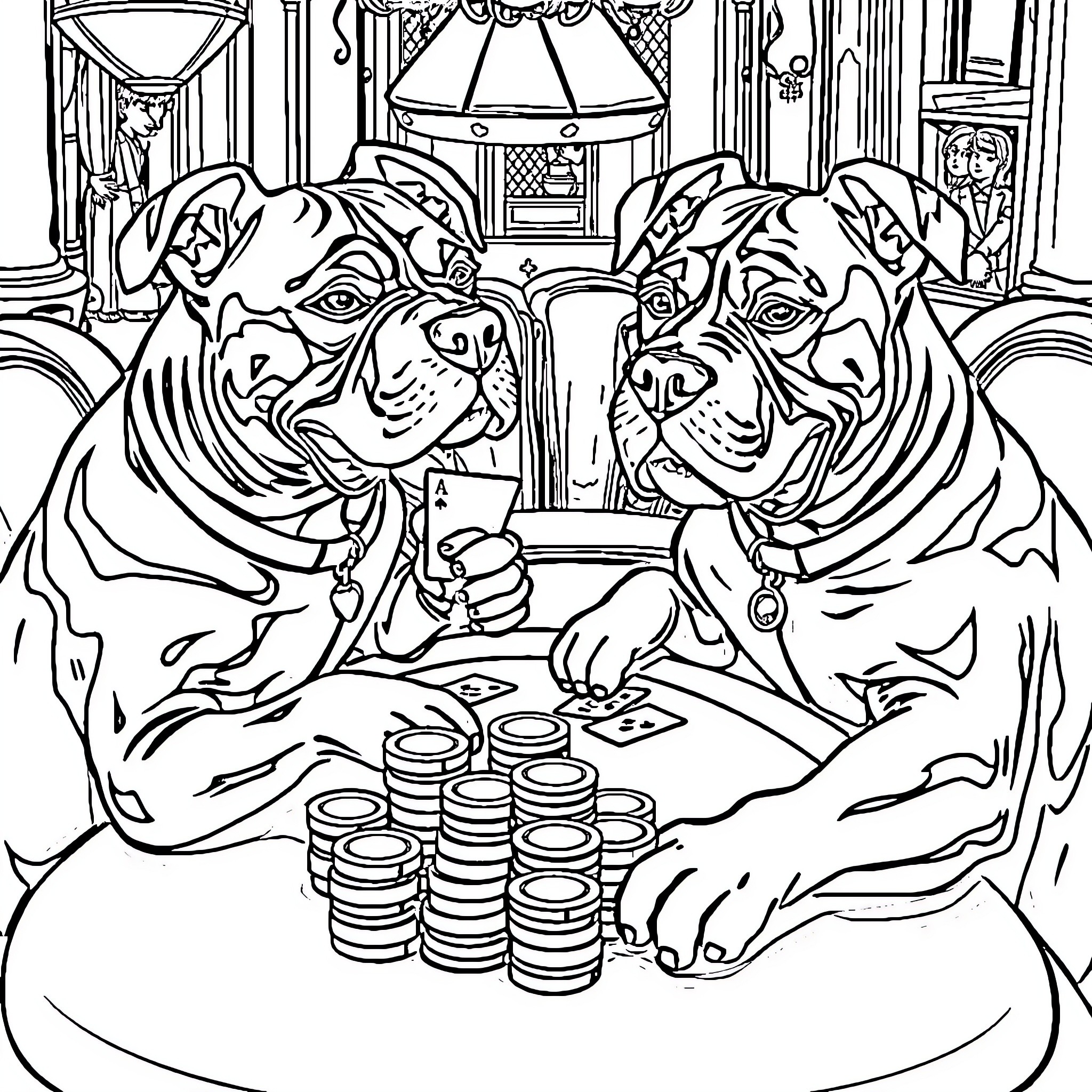 Pitbulls gambling with poker chips in a casino setting Coloring Page (free black-and-white line drawing printable PDF for all, from beginners to advanced learners, including children, teens, adults, and seniors)