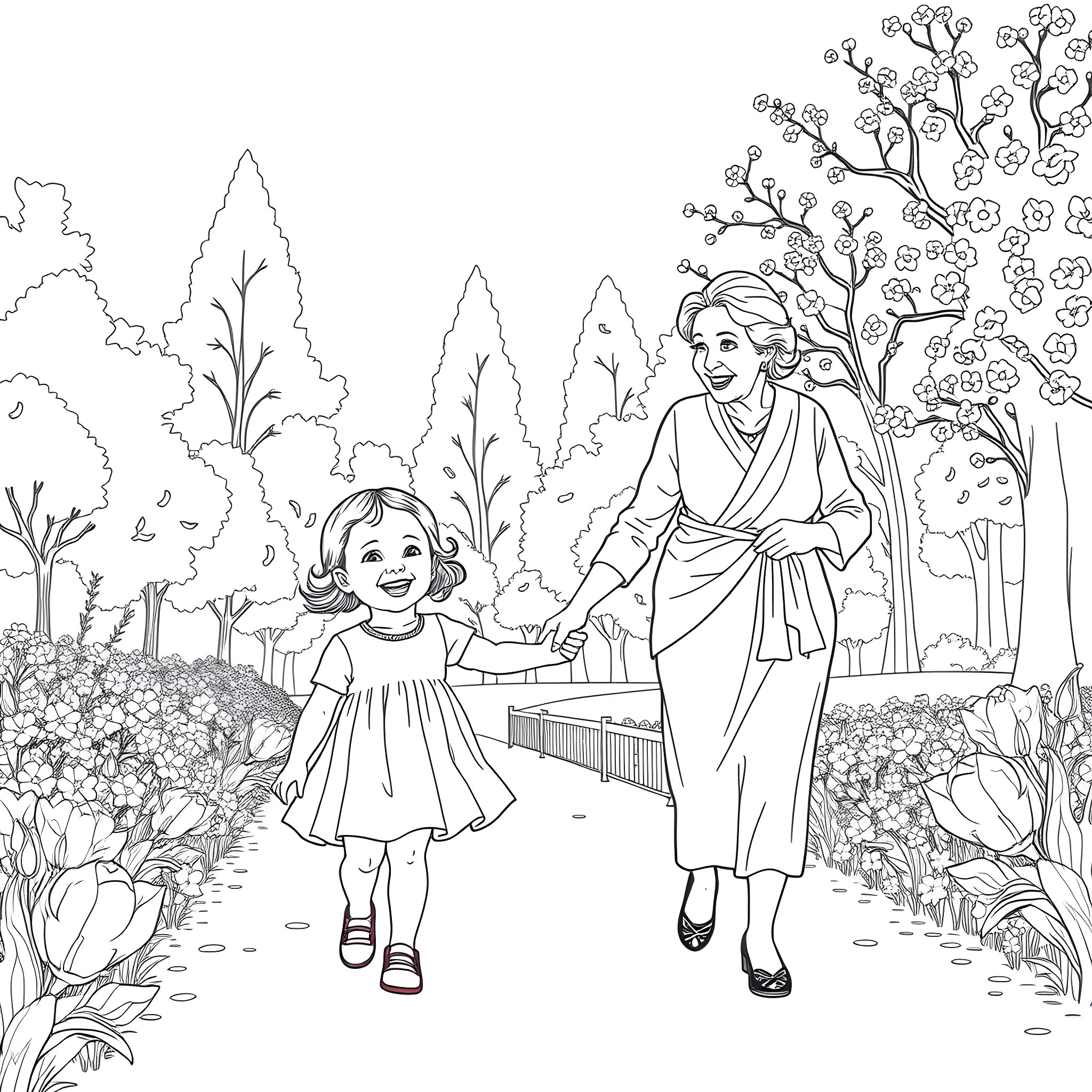 Girl walking with adult woman in floral garden Coloring Page (free black-and-white line drawing printable PDF for all, from beginners to advanced learners, including children, teens, adults, and seniors)