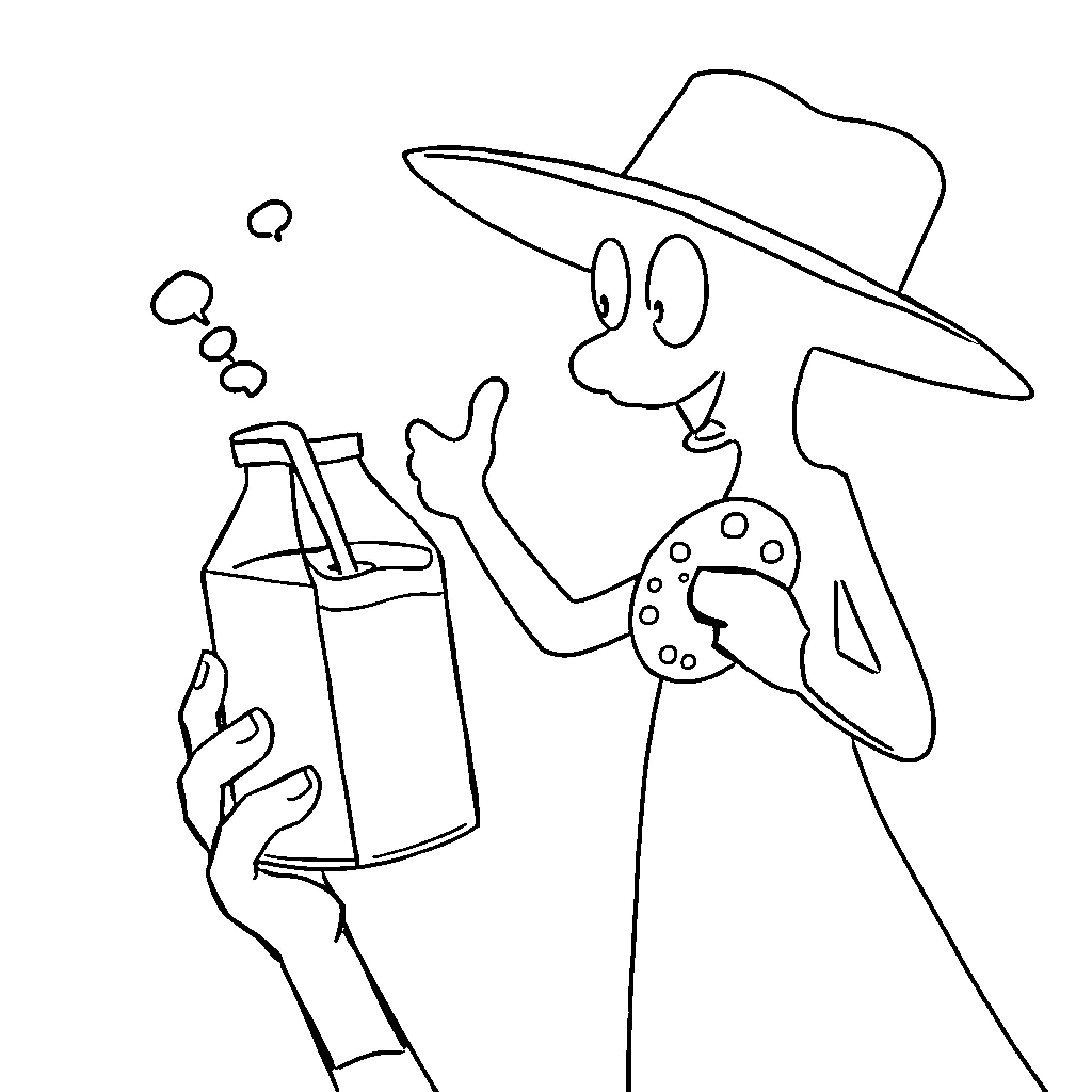Milk Cookie Artist Painting Playfully Coloring Page (free black-and-white line drawing printable PDF for all, from beginners to advanced learners, including children, teens, adults, and seniors)