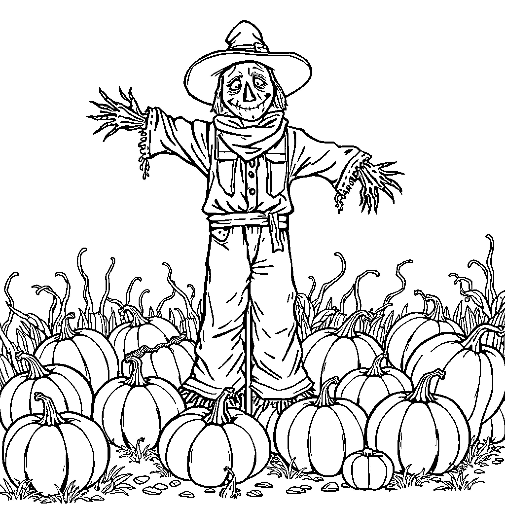 Pumpkin Patch Guardian Scarecrow Coloring Page (free black-and-white line drawing printable PDF for all, from beginners to advanced learners, including children, teens, adults, and seniors)