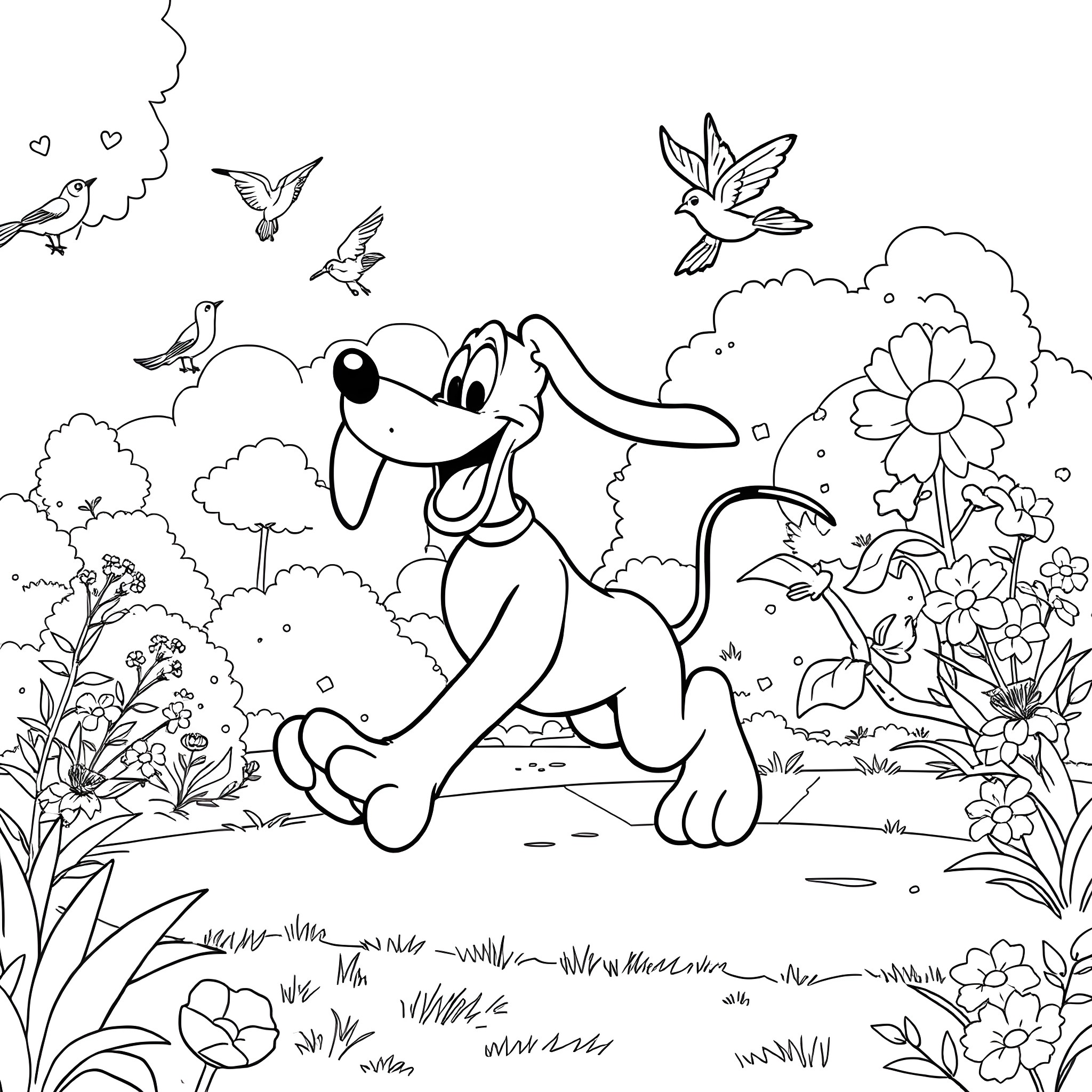 Pluto chasing butterflies in a flower-filled garden Coloring Page (free black-and-white line drawing printable PDF for all, from beginners to advanced learners, including children, teens, adults, and seniors)
