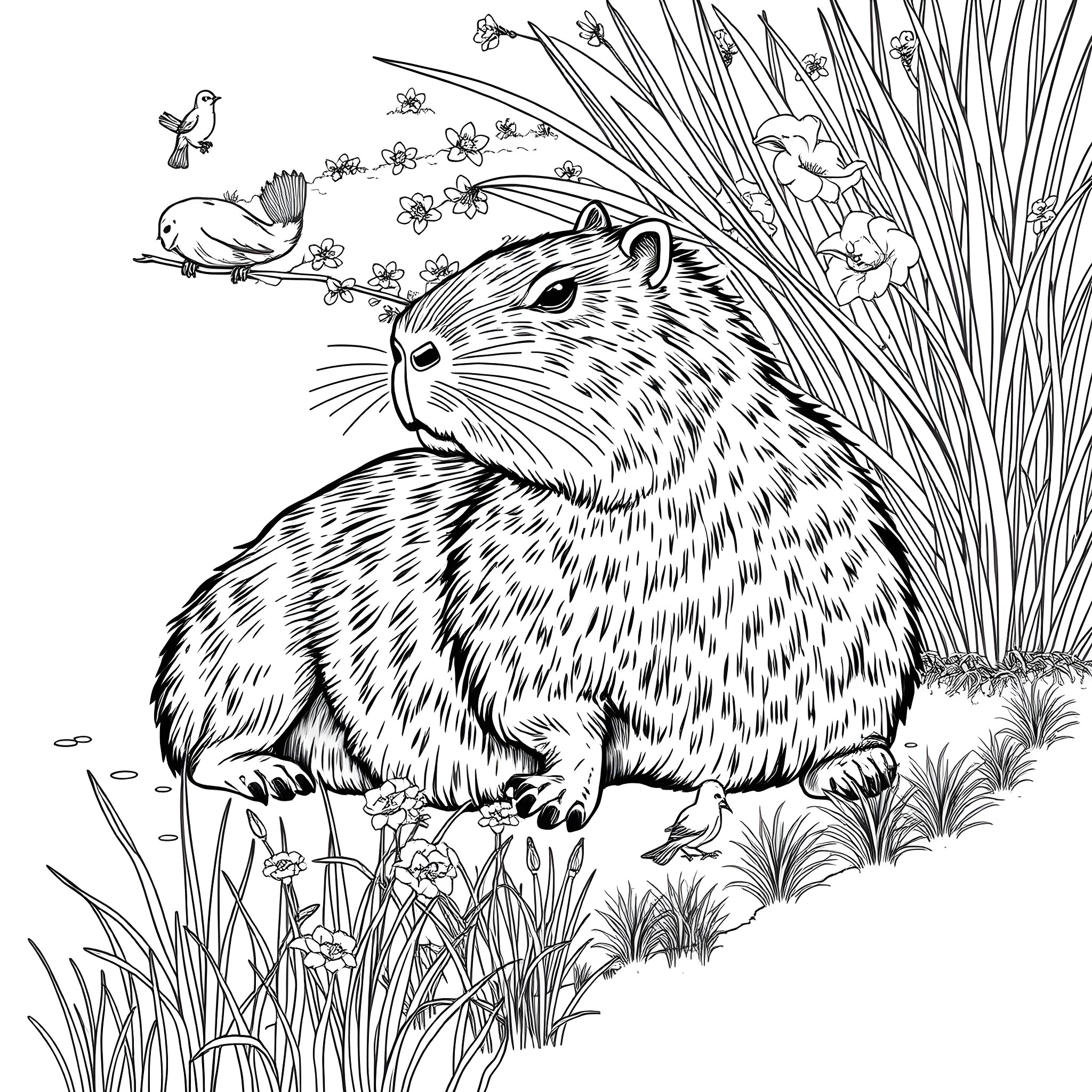 Capybara relaxing in the garden surrounded by nature Coloring Page (free black-and-white line drawing printable PDF for all, from beginners to advanced learners, including children, teens, adults, and seniors)