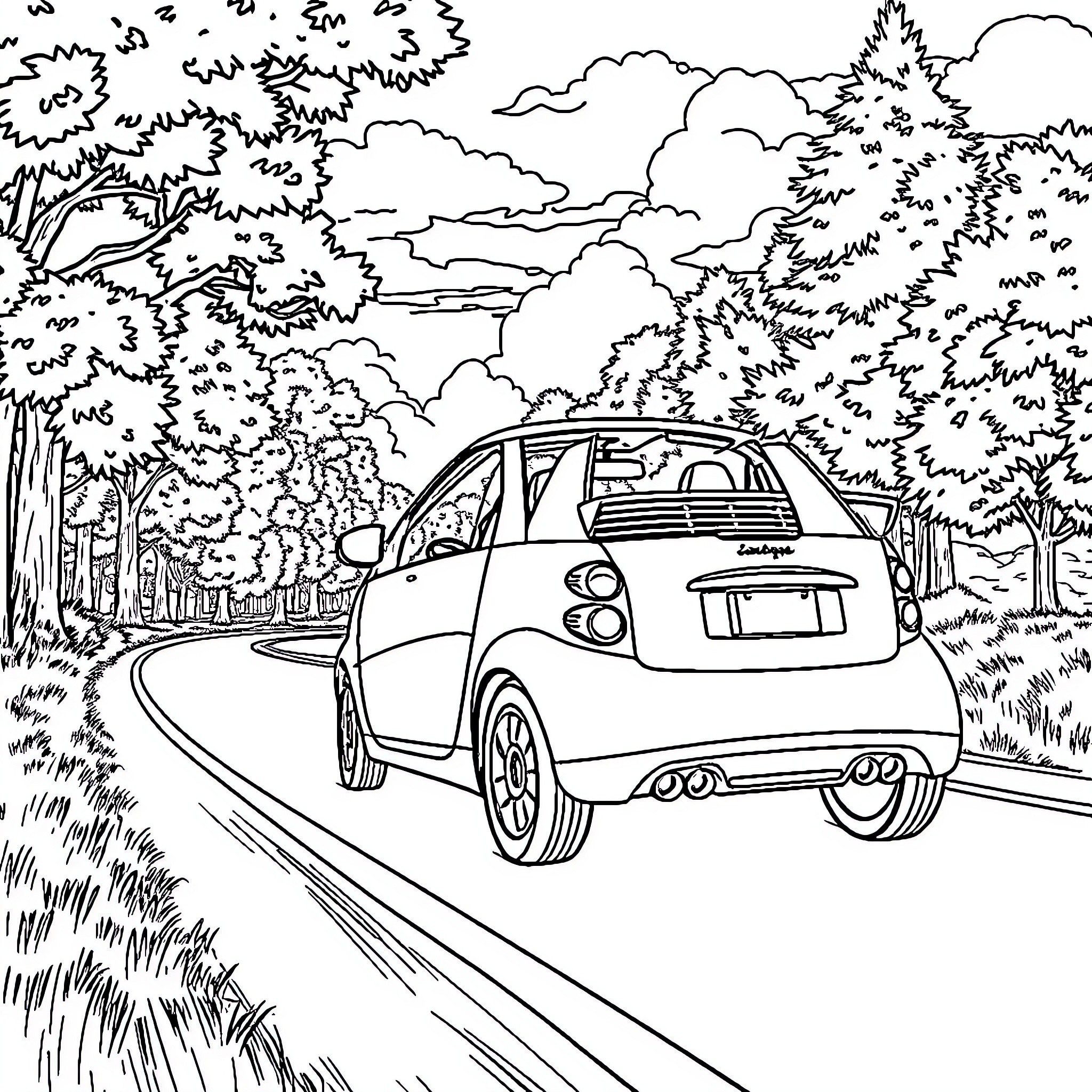 Roadster driving on a scenic forest road Coloring Page (free black-and-white line drawing printable PDF for all, from beginners to advanced learners, including children, teens, adults, and seniors)