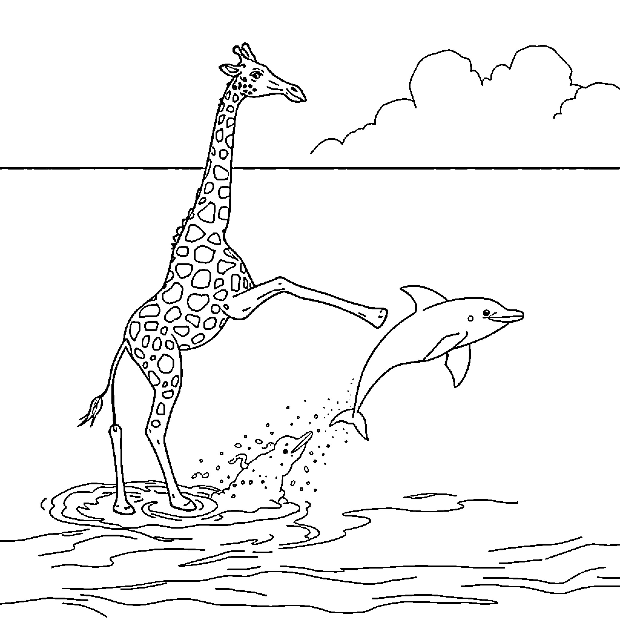 Giraffe standing near dolphin in the wild Coloring Page (free black-and-white line drawing printable PDF for all, from beginners to advanced learners, including children, teens, adults, and seniors)