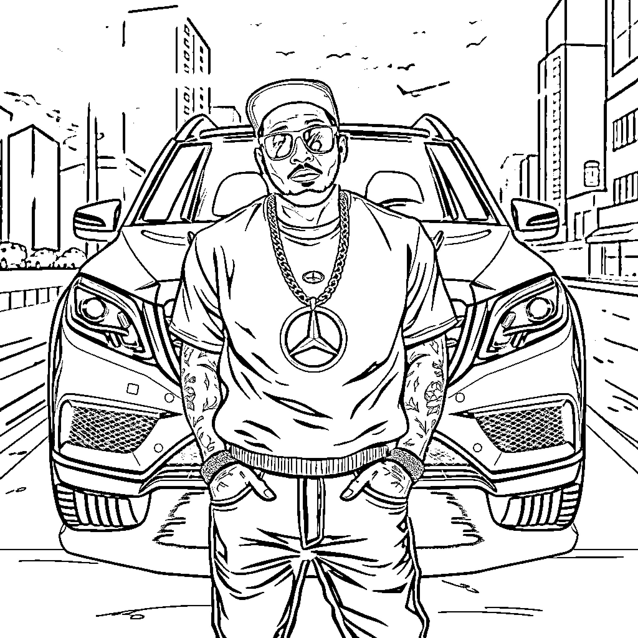 Rapper posing with luxury car in urban setting Coloring Page (free black-and-white line drawing printable PDF for all, from beginners to advanced learners, including children, teens, adults, and seniors)