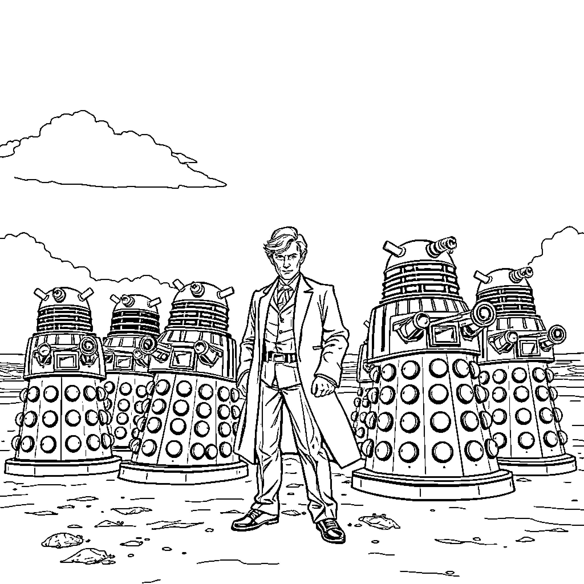 Doctor Who facing Daleks in a desolate landscape Coloring Page (free black-and-white line drawing printable PDF for all, from beginners to advanced learners, including children, teens, adults, and seniors)