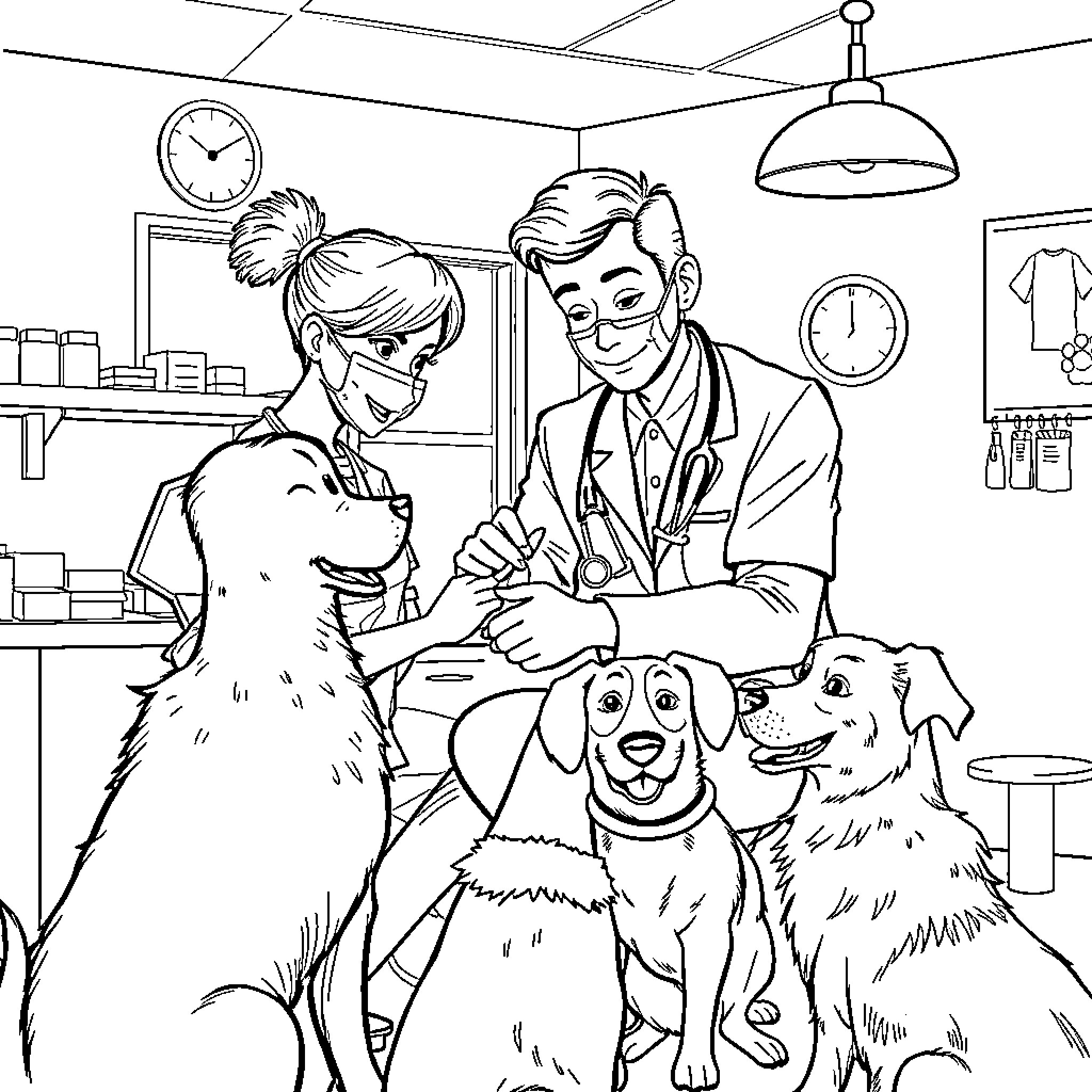Veterinarian examining pets in the clinic Coloring Page (free black-and-white line drawing printable PDF for all, from beginners to advanced learners, including children, teens, adults, and seniors)