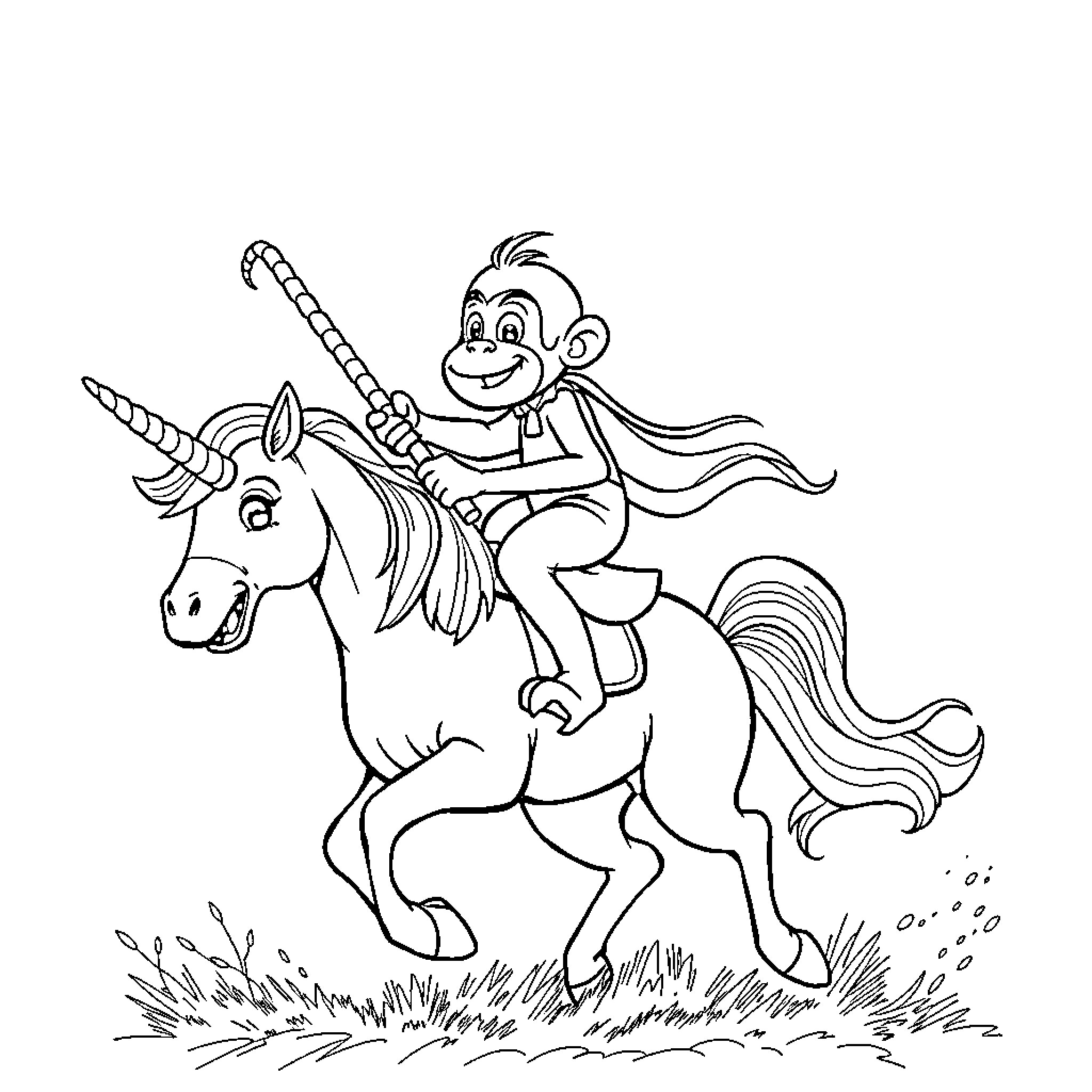 Monkey riding a magical unicorn Coloring Page (free black-and-white line drawing printable PDF for all, from beginners to advanced learners, including children, teens, adults, and seniors)