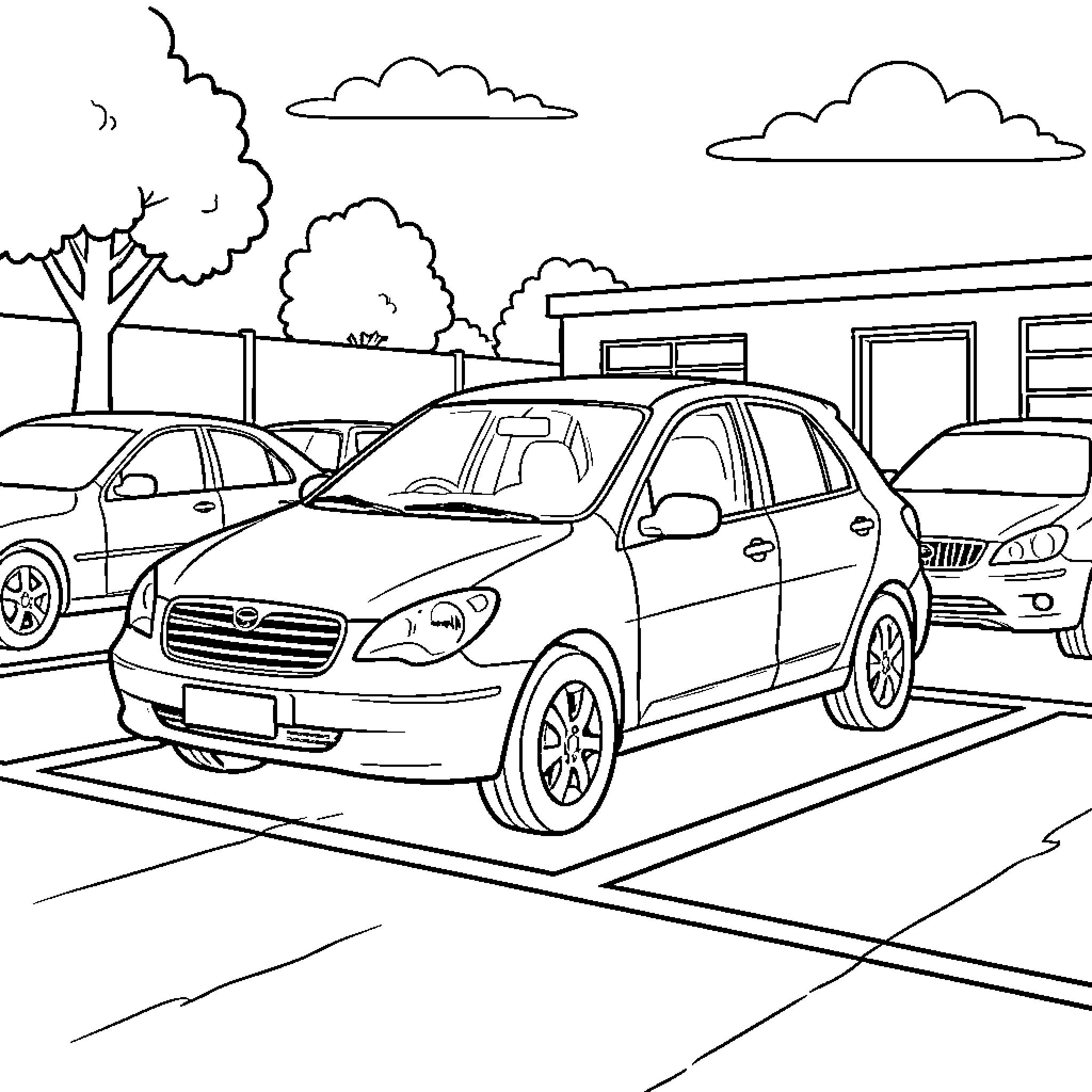 Car parked in a lot near a building Coloring Page (free black-and-white line drawing printable PDF for all, from beginners to advanced learners, including children, teens, adults, and seniors)
