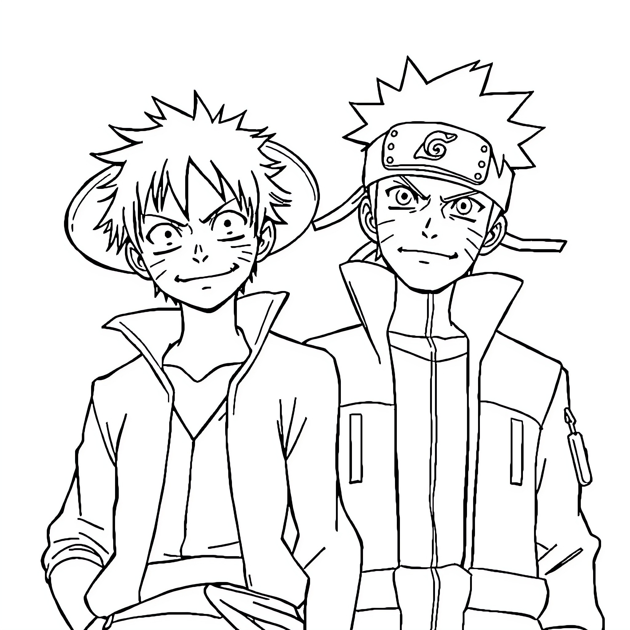 Luffy and Naruto in Action Poses Coloring Page (free black-and-white line drawing printable PDF for all, from beginners to advanced learners, including children, teens, adults, and seniors)