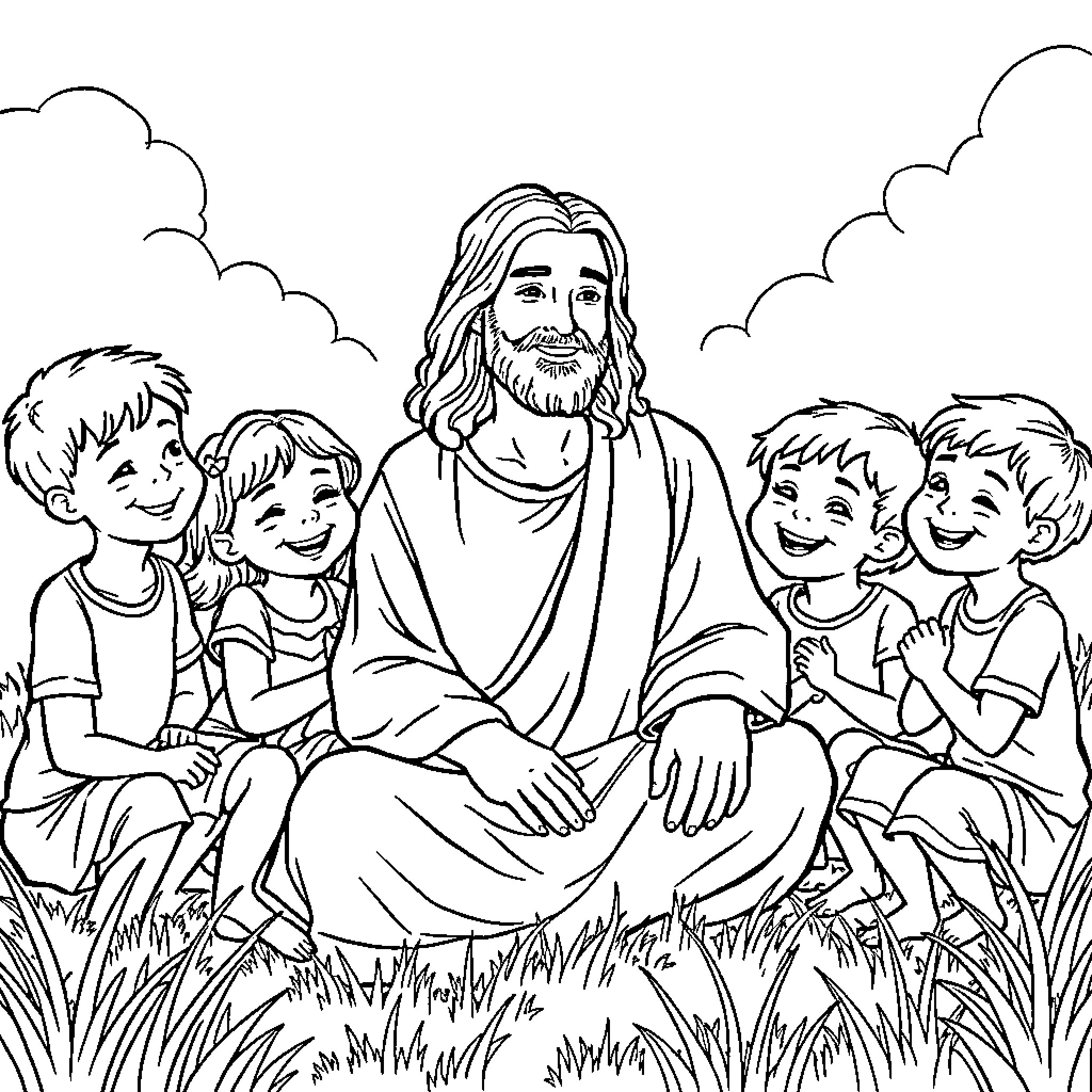 Jesus teaches and interacts with joyful children in nature Coloring Page (free black-and-white line drawing printable PDF for all, from beginners to advanced learners, including children, teens, adults, and seniors)