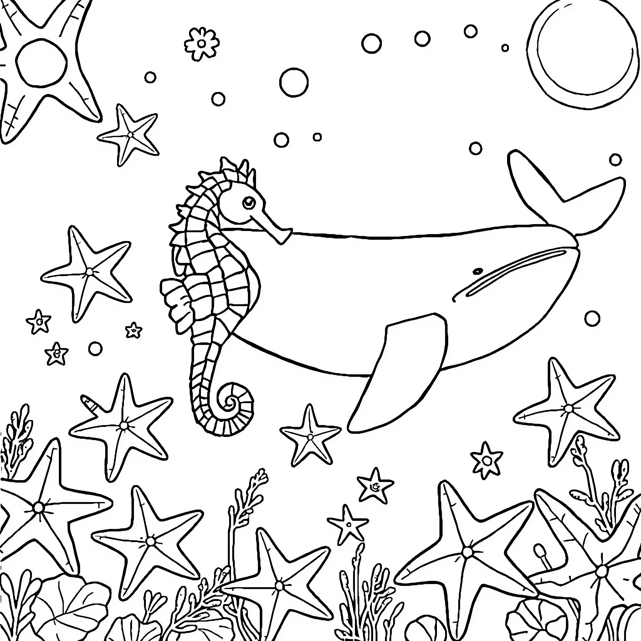 Seahorse swimming among the starfish and seagrass Coloring Page (free black-and-white line drawing printable PDF for all, from beginners to advanced learners, including children, teens, adults, and seniors)
