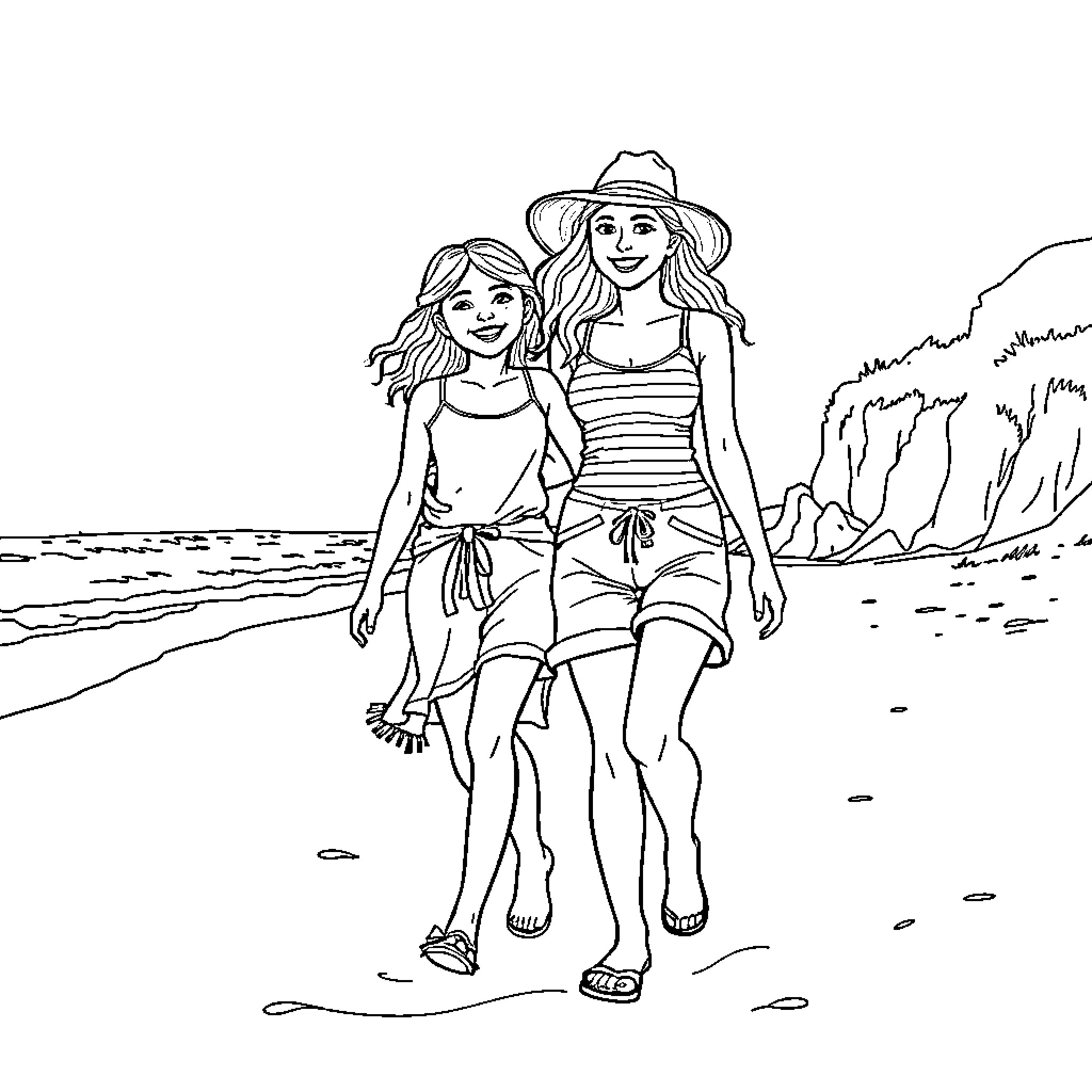Mother and daughter enjoying a day at the beach Coloring Page (free black-and-white line drawing printable PDF for all, from beginners to advanced learners, including children, teens, adults, and seniors)