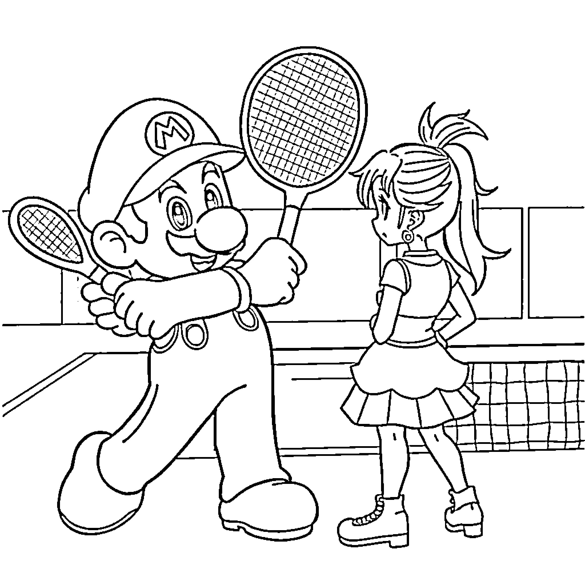 Super Mario Engaging in Tennis Match with Female Companion Coloring Page (free black-and-white line drawing printable PDF for all, from beginners to advanced learners, including children, teens, adults, and seniors)