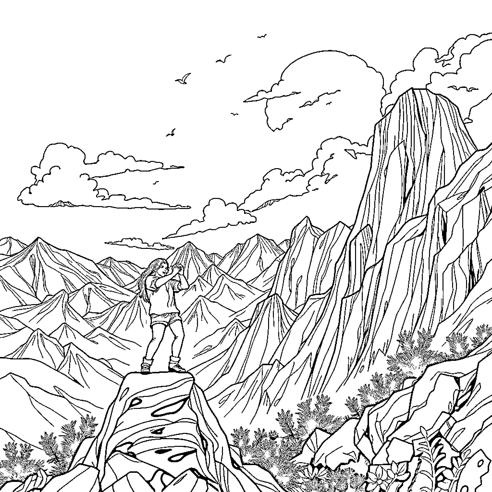 Adventure Time in the Rugged Mountain Landscape Coloring Page (free black-and-white line drawing printable PDF for all, from beginners to advanced learners, including children, teens, adults, and seniors)