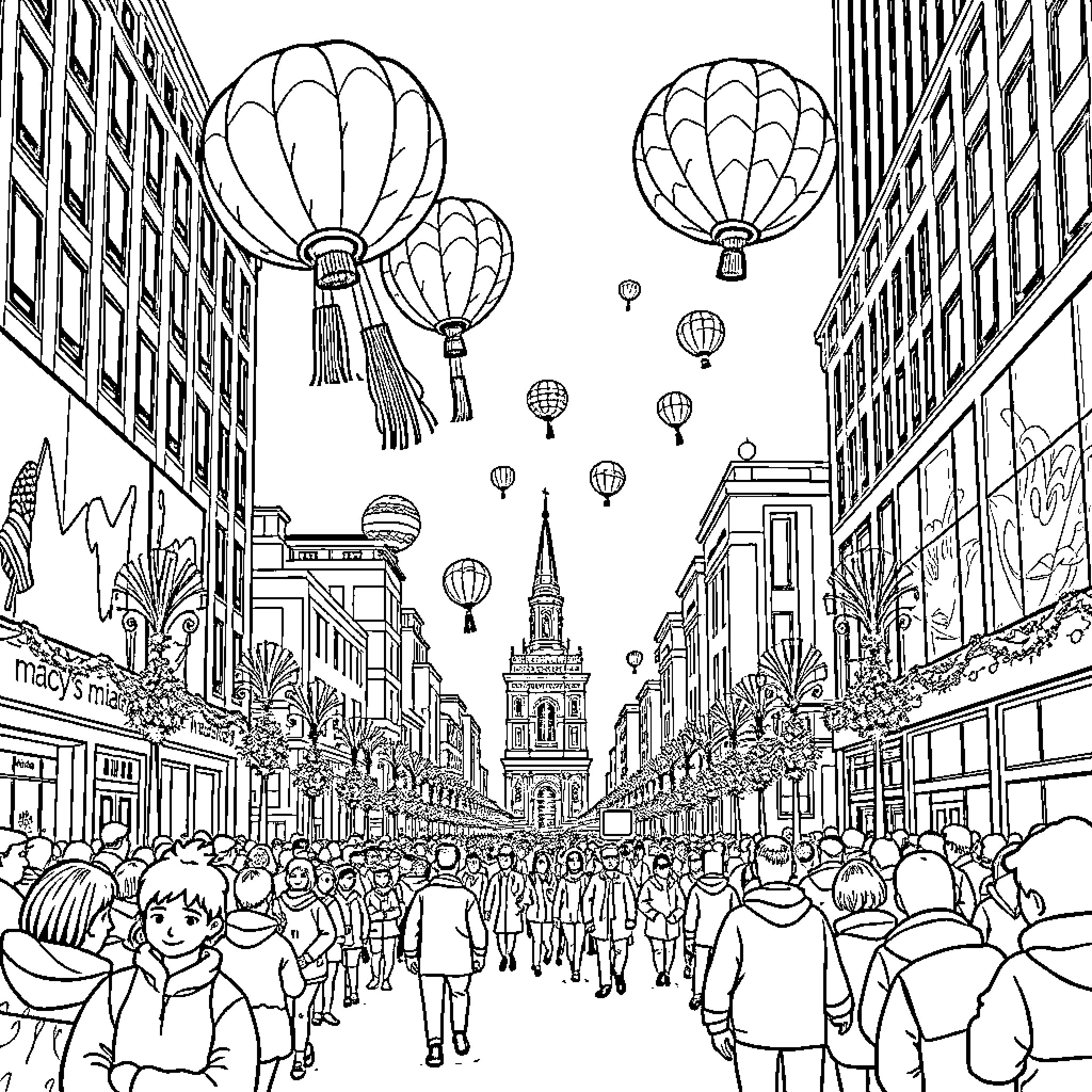 Thanksgiving Parade with Festive Balloons and Lively Crowd Coloring Page (free black-and-white line drawing printable PDF for all, from beginners to advanced learners, including children, teens, adults, and seniors)