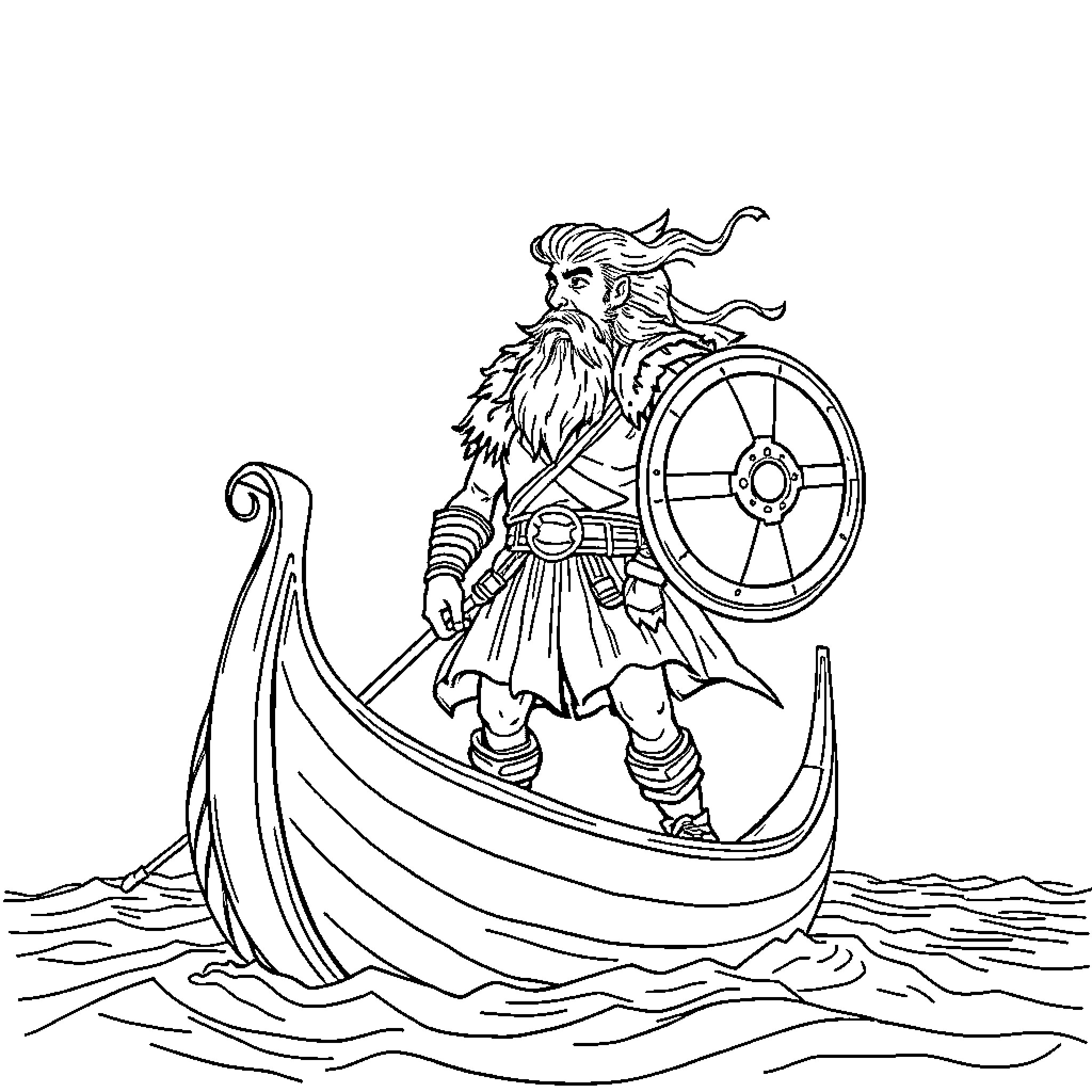 Viking warrior sailing on a longboat Coloring Page (free black-and-white line drawing printable PDF for all, from beginners to advanced learners, including children, teens, adults, and seniors)