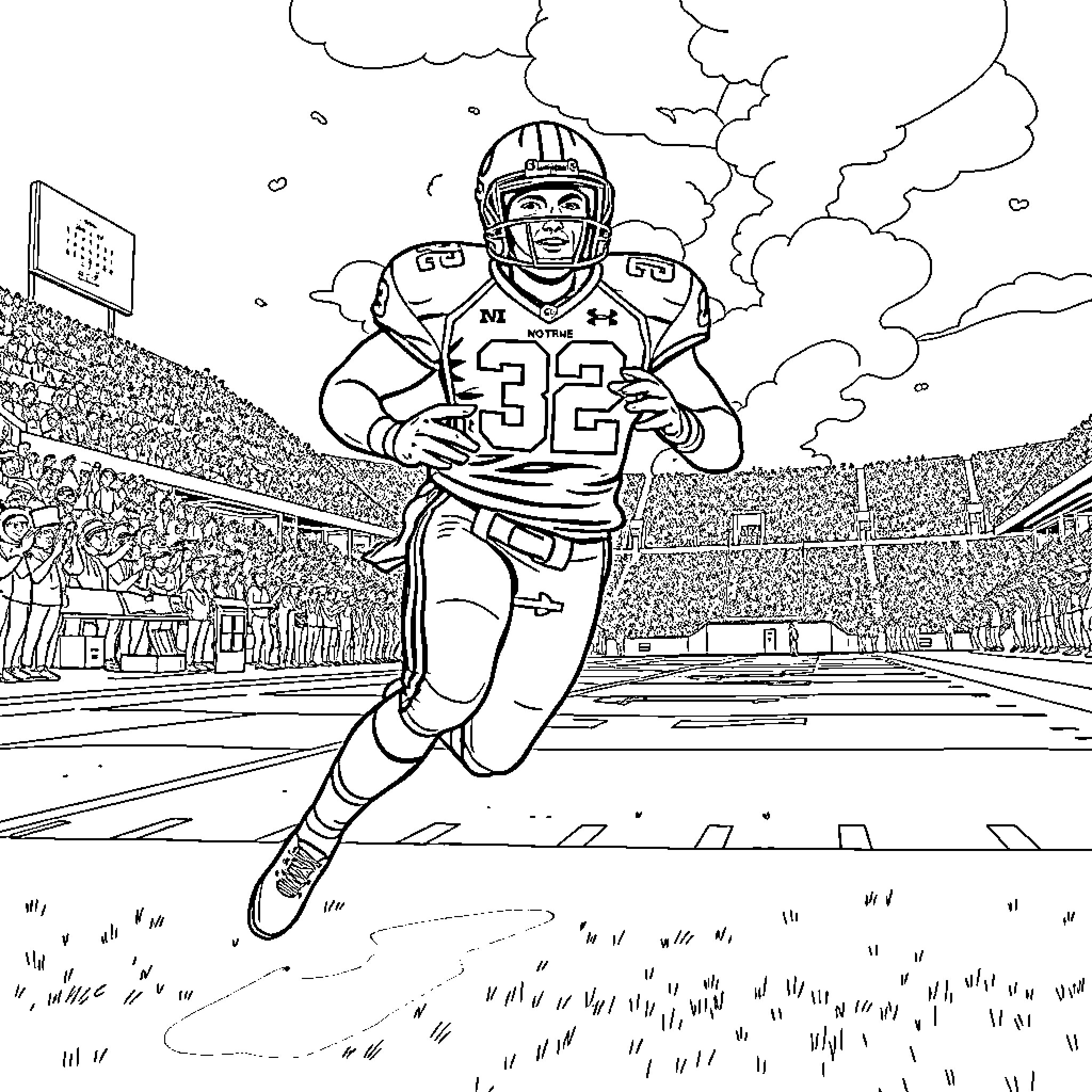 Player running on the football field Coloring Page (free black-and-white line drawing printable PDF for all, from beginners to advanced learners, including children, teens, adults, and seniors)