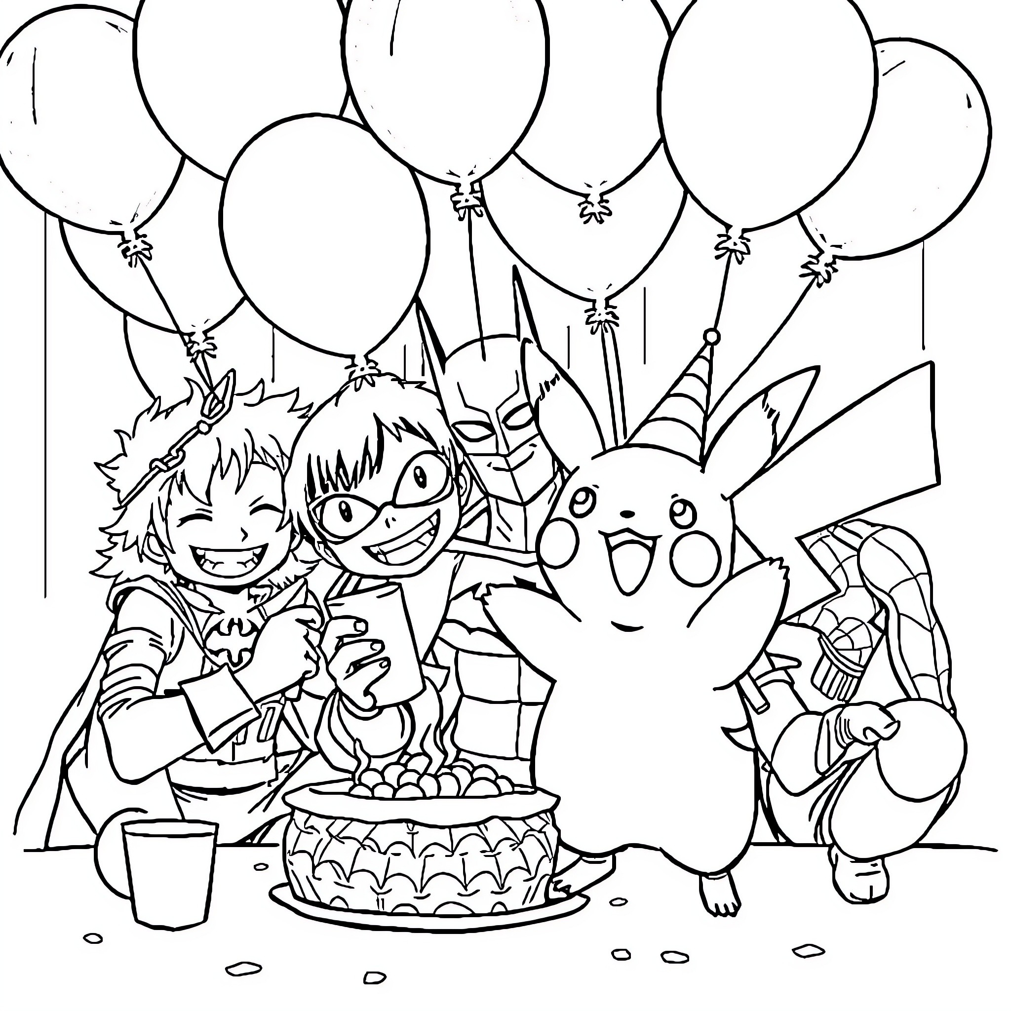 Pikachu celebrating with friends at a party Coloring Page (free black-and-white line drawing printable PDF for all, from beginners to advanced learners, including children, teens, adults, and seniors)