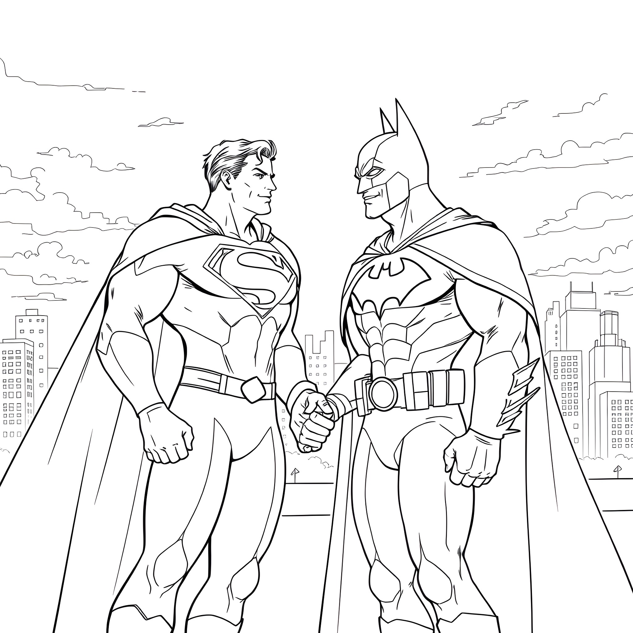 Superman and Batman facing off in the city Coloring Page (free black-and-white line drawing printable PDF for all, from beginners to advanced learners, including children, teens, adults, and seniors)