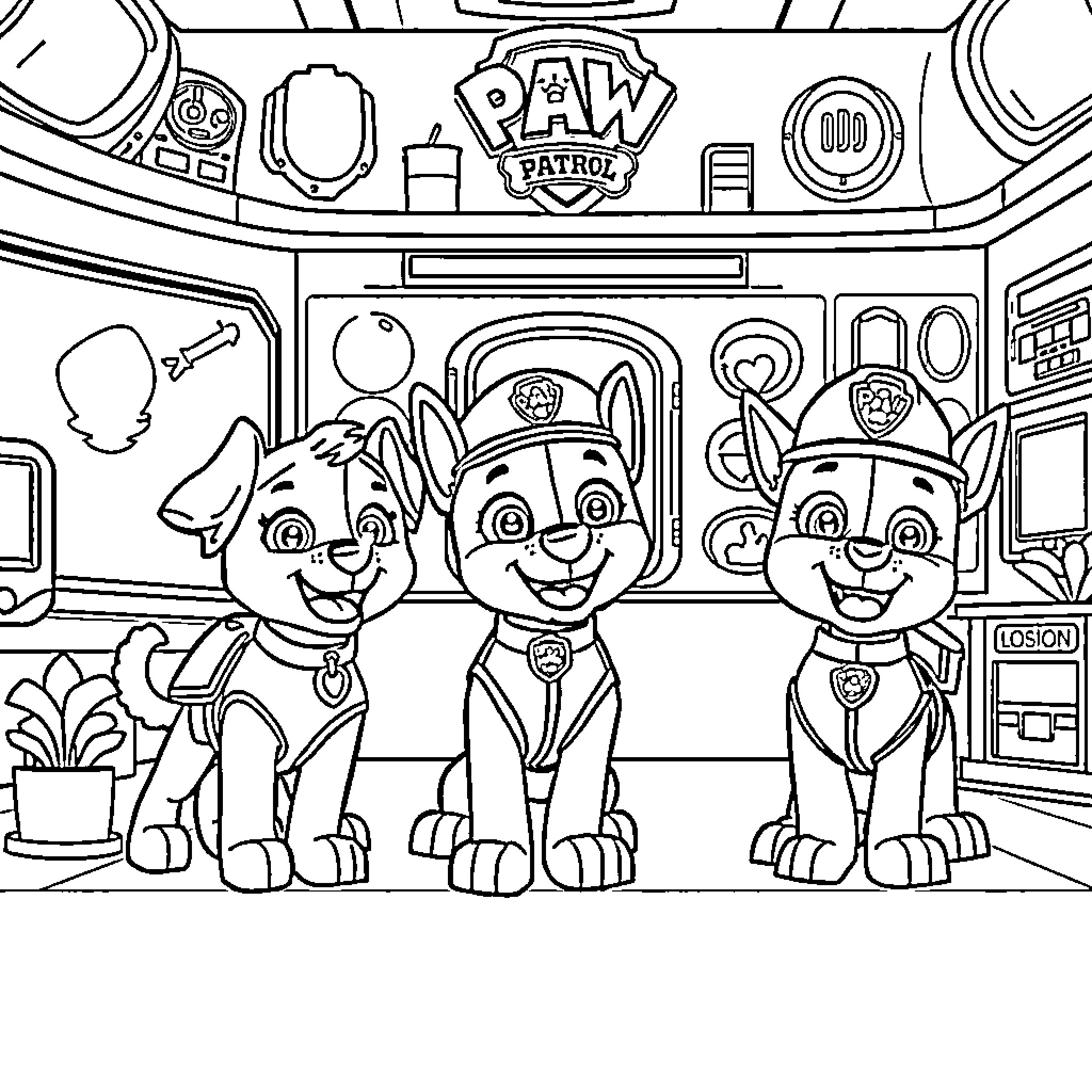 Paw Patrol Puppies Exploring Rescue Vehicle Coloring Page (free black-and-white line drawing printable PDF for all, from beginners to advanced learners, including children, teens, adults, and seniors)