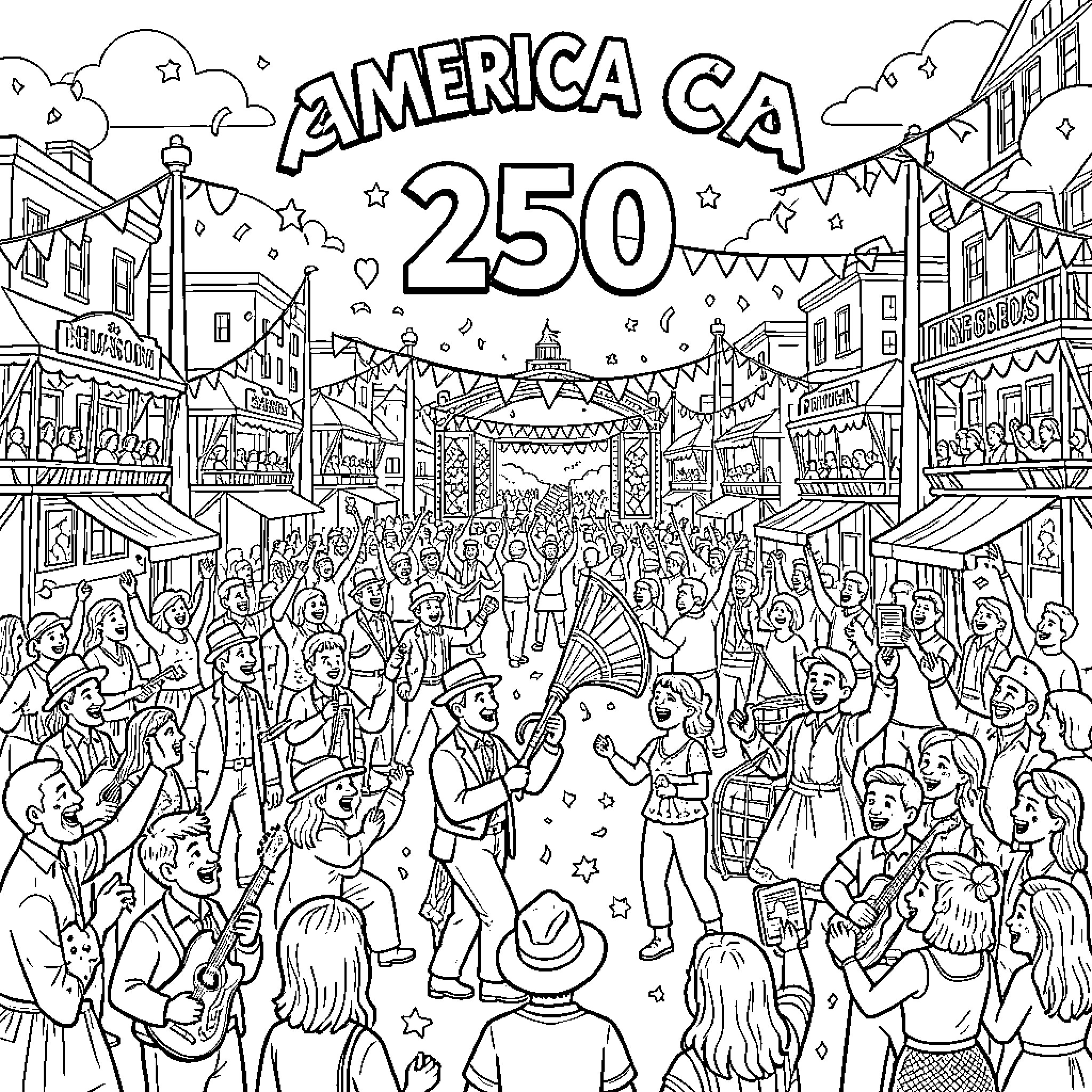 America Celebrates 250th Anniversary with Festive Parade Coloring Page (free black-and-white line drawing printable PDF for all, from beginners to advanced learners, including children, teens, adults, and seniors)