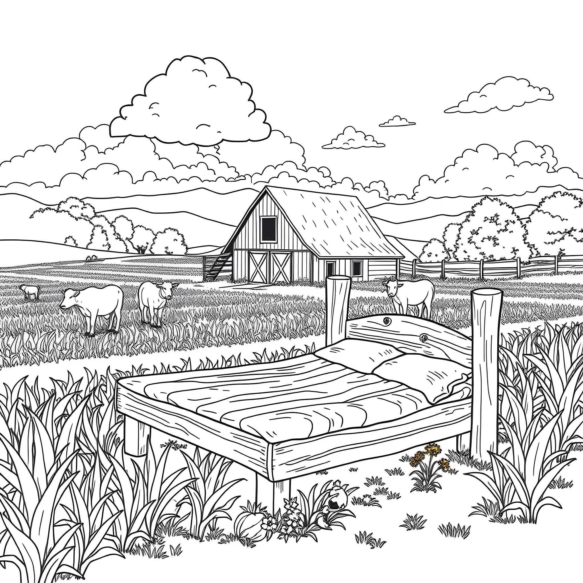 Farmbed surrounded by serene countryside scene Coloring Page (free black-and-white line drawing printable PDF for all, from beginners to advanced learners, including children, teens, adults, and seniors)