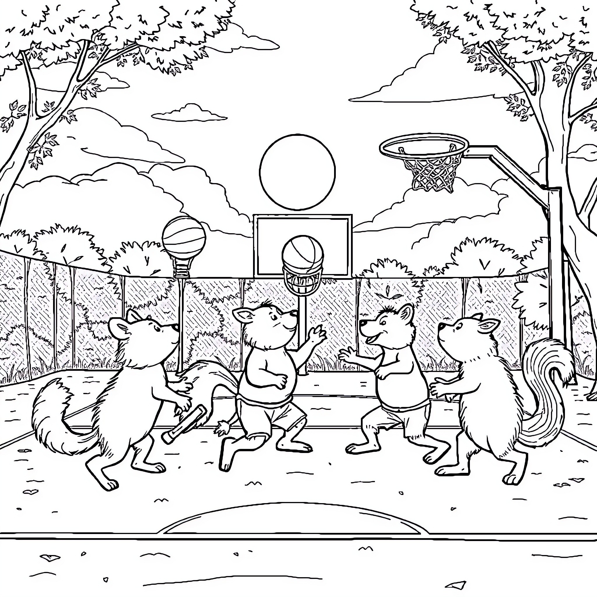 Animal friends playing basketball on a sunny day Coloring Page (free black-and-white line drawing printable PDF for all, from beginners to advanced learners, including children, teens, adults, and seniors)