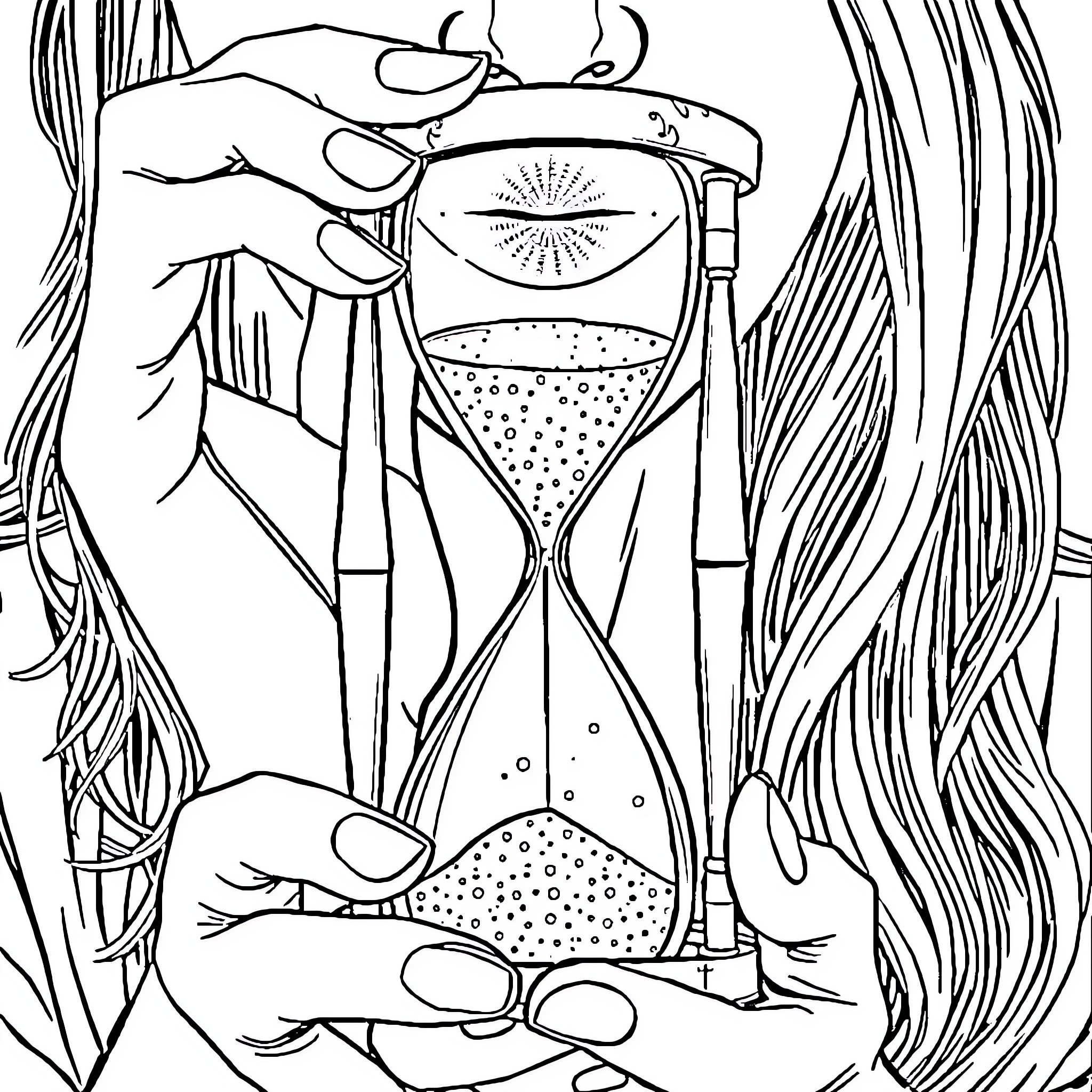Woman holding an hourglass reflecting on time Coloring Page (free black-and-white line drawing printable PDF for all, from beginners to advanced learners, including children, teens, adults, and seniors)