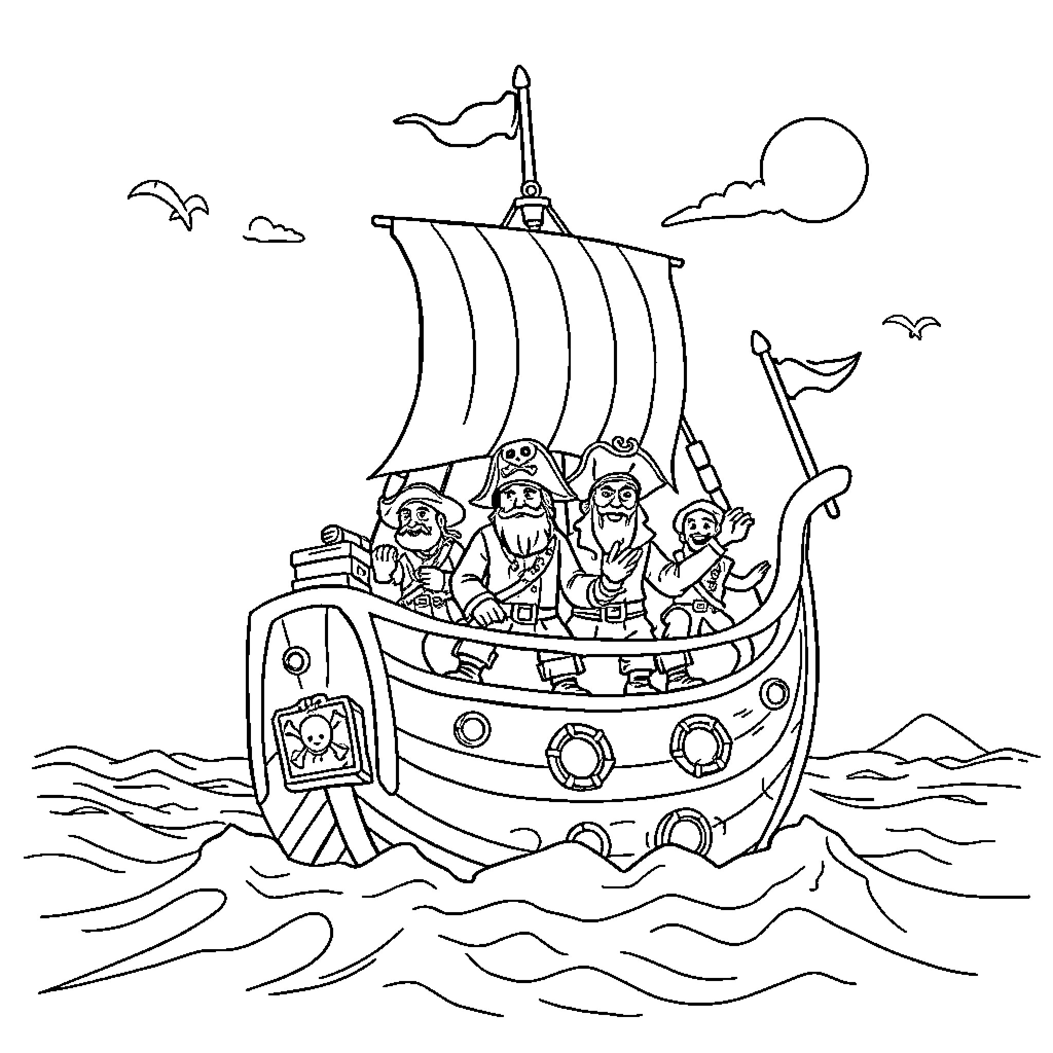 One Piece Adventure on the High Seas Coloring Page (free black-and-white line drawing printable PDF for all, from beginners to advanced learners, including children, teens, adults, and seniors)