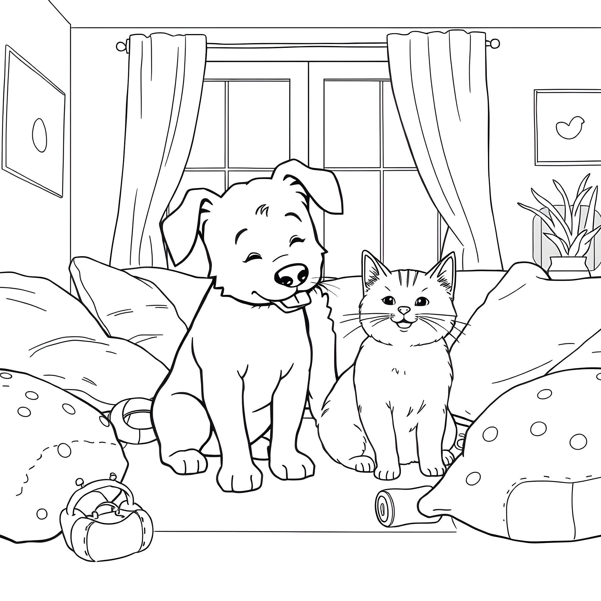 Dog and cat enjoying a cozy indoor scene Coloring Page (free black-and-white line drawing printable PDF for all, from beginners to advanced learners, including children, teens, adults, and seniors)