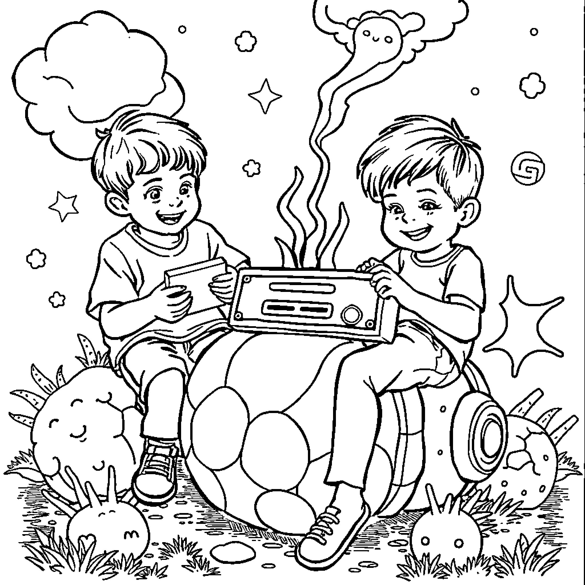 Kid buddies playing video game in nature Coloring Page (free black-and-white line drawing printable PDF for all, from beginners to advanced learners, including children, teens, adults, and seniors)