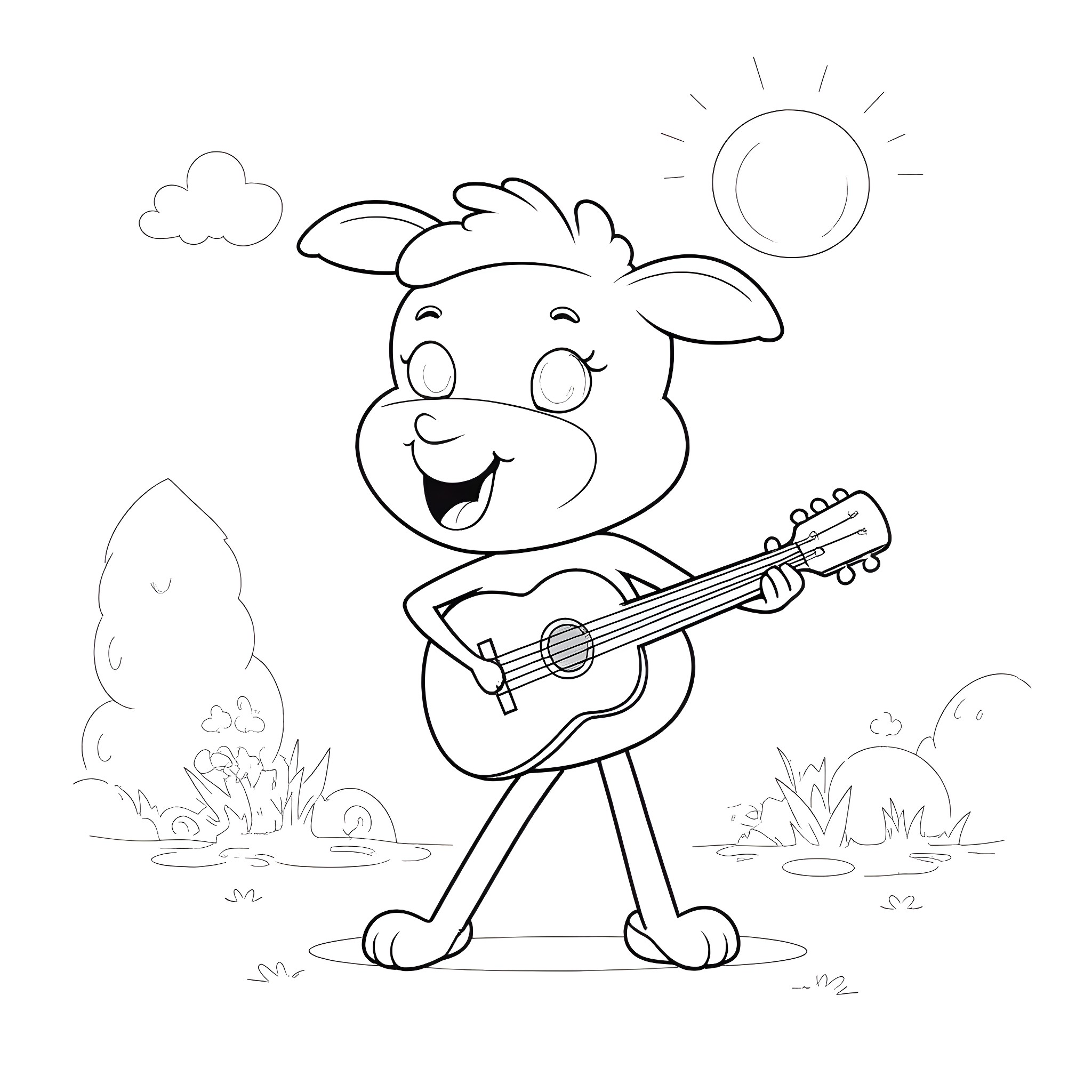 Labubu playing happily with guitar in the park Coloring Page (free black-and-white line drawing printable PDF for all, from beginners to advanced learners, including children, teens, adults, and seniors)