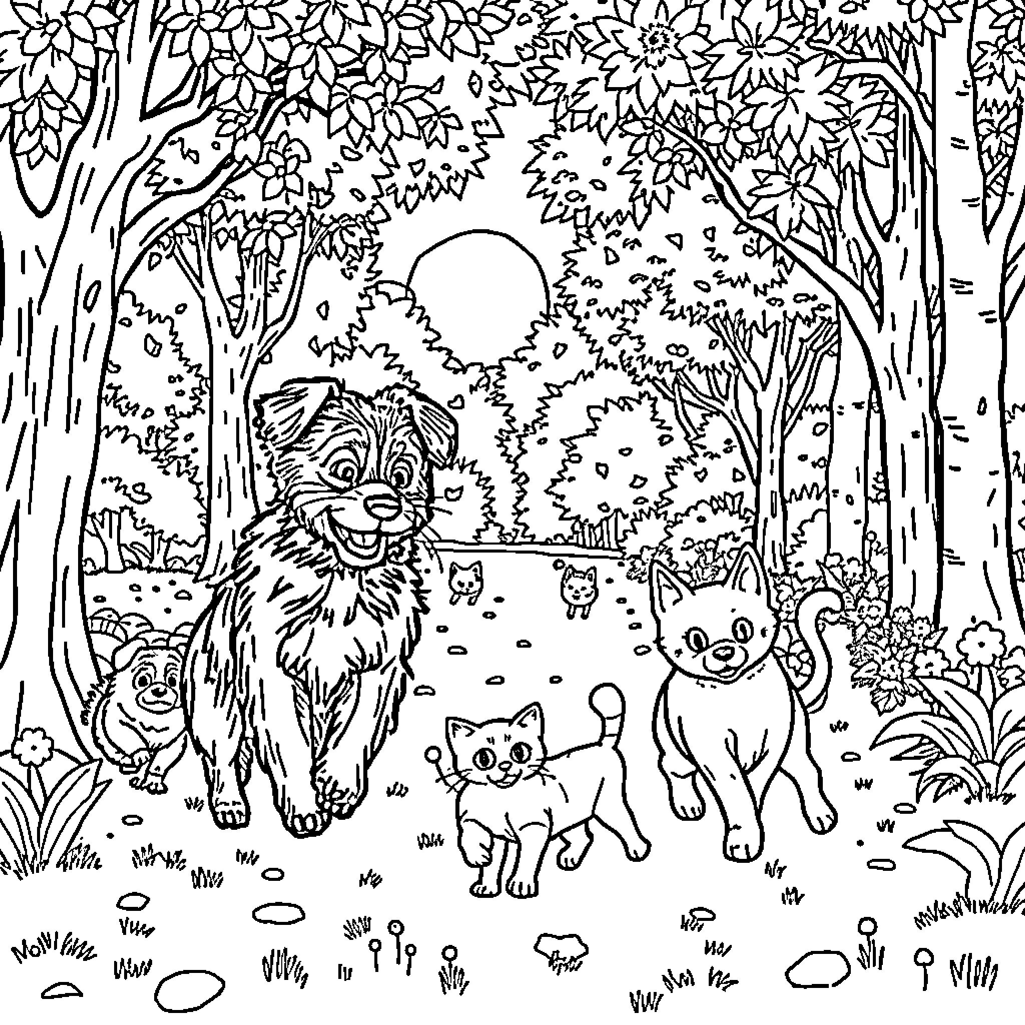 Dog and Kittens in Enchanted Forest Coloring Page (free black-and-white line drawing printable PDF for all, from beginners to advanced learners, including children, teens, adults, and seniors)