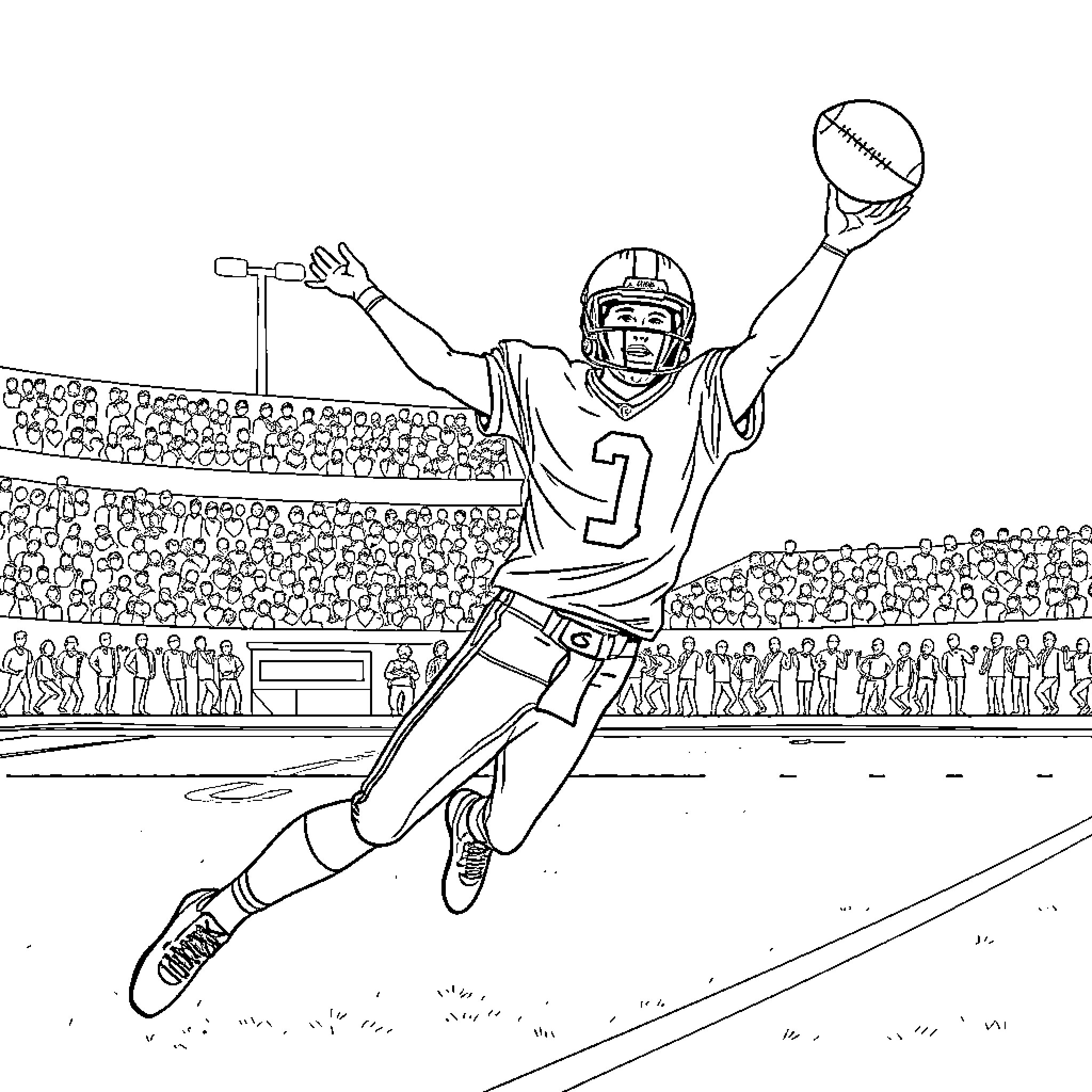Player celebrating touchdown in football stadium Coloring Page (free black-and-white line drawing printable PDF for all, from beginners to advanced learners, including children, teens, adults, and seniors)
