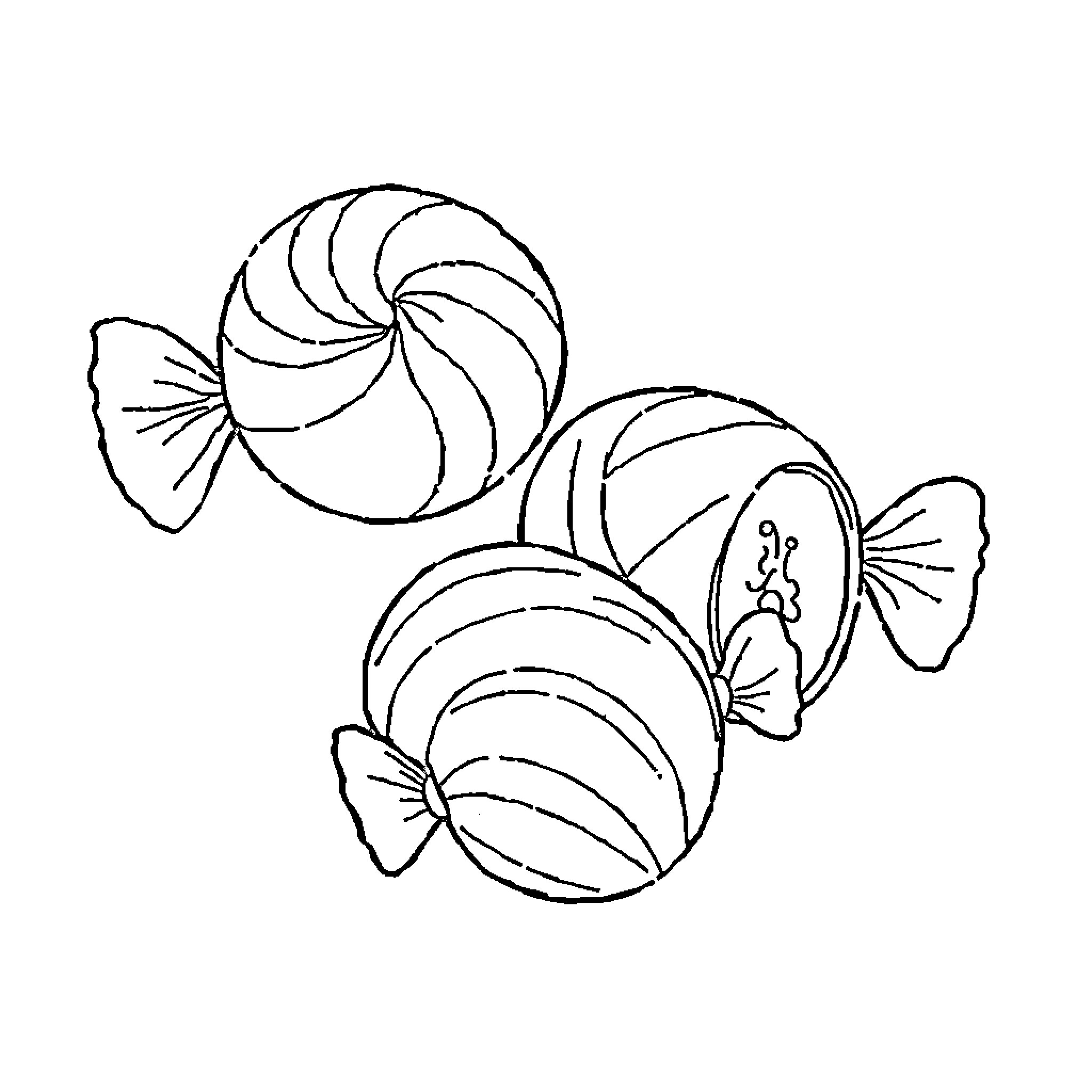 Bonbon Candies Swirling in Spirals Coloring Page (free black-and-white line drawing printable PDF for all, from beginners to advanced learners, including children, teens, adults, and seniors)
