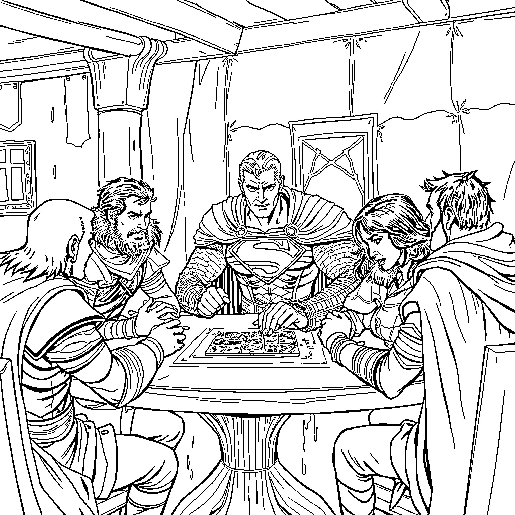 Superman gathering with his allies in a tavern Coloring Page (free black-and-white line drawing printable PDF for all, from beginners to advanced learners, including children, teens, adults, and seniors)