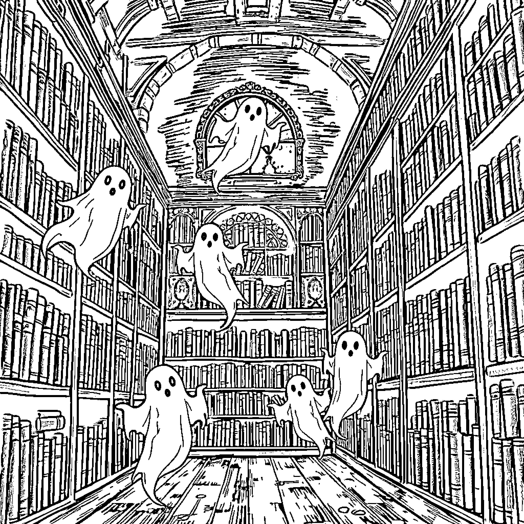 Ghost Library Gathering: Ethereal Figures Amid Shelved Tomes Coloring Page (free black-and-white line drawing printable PDF for all, from beginners to advanced learners, including children, teens, adults, and seniors)