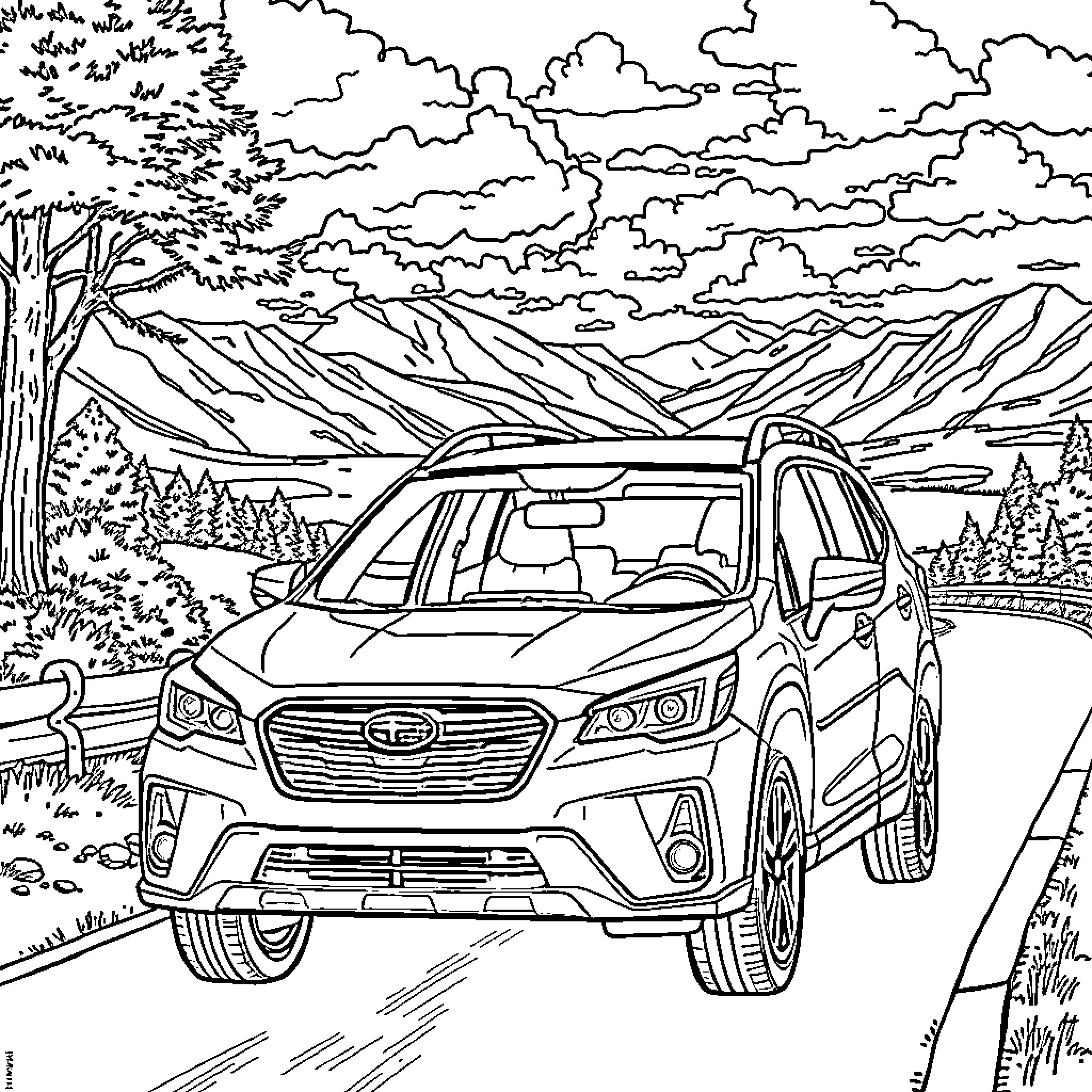 Subaru Soltera Navigating the Rugged Countryside Coloring Page (free black-and-white line drawing printable PDF for all, from beginners to advanced learners, including children, teens, adults, and seniors)