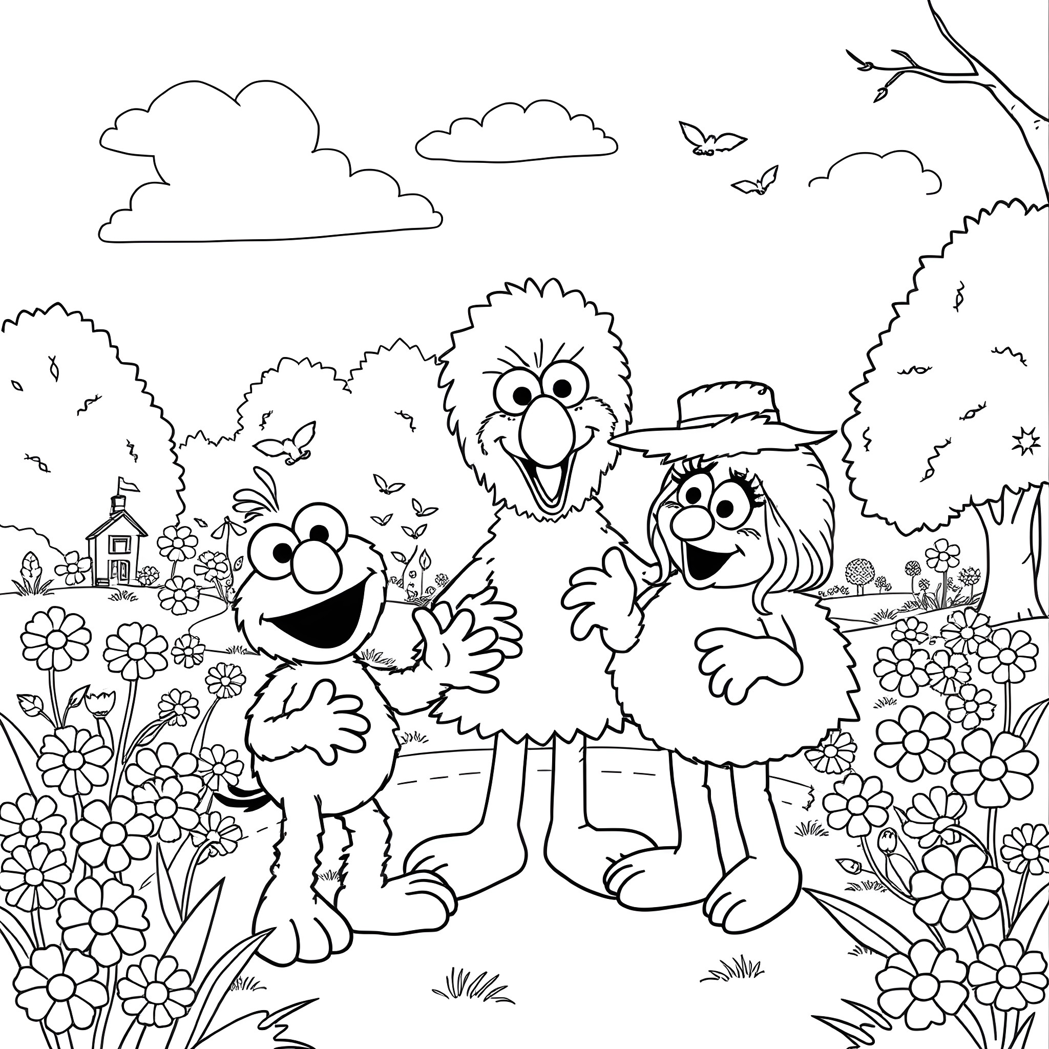 Elmo and friends enjoying a picnic in the park Coloring Page (free black-and-white line drawing printable PDF for all, from beginners to advanced learners, including children, teens, adults, and seniors)