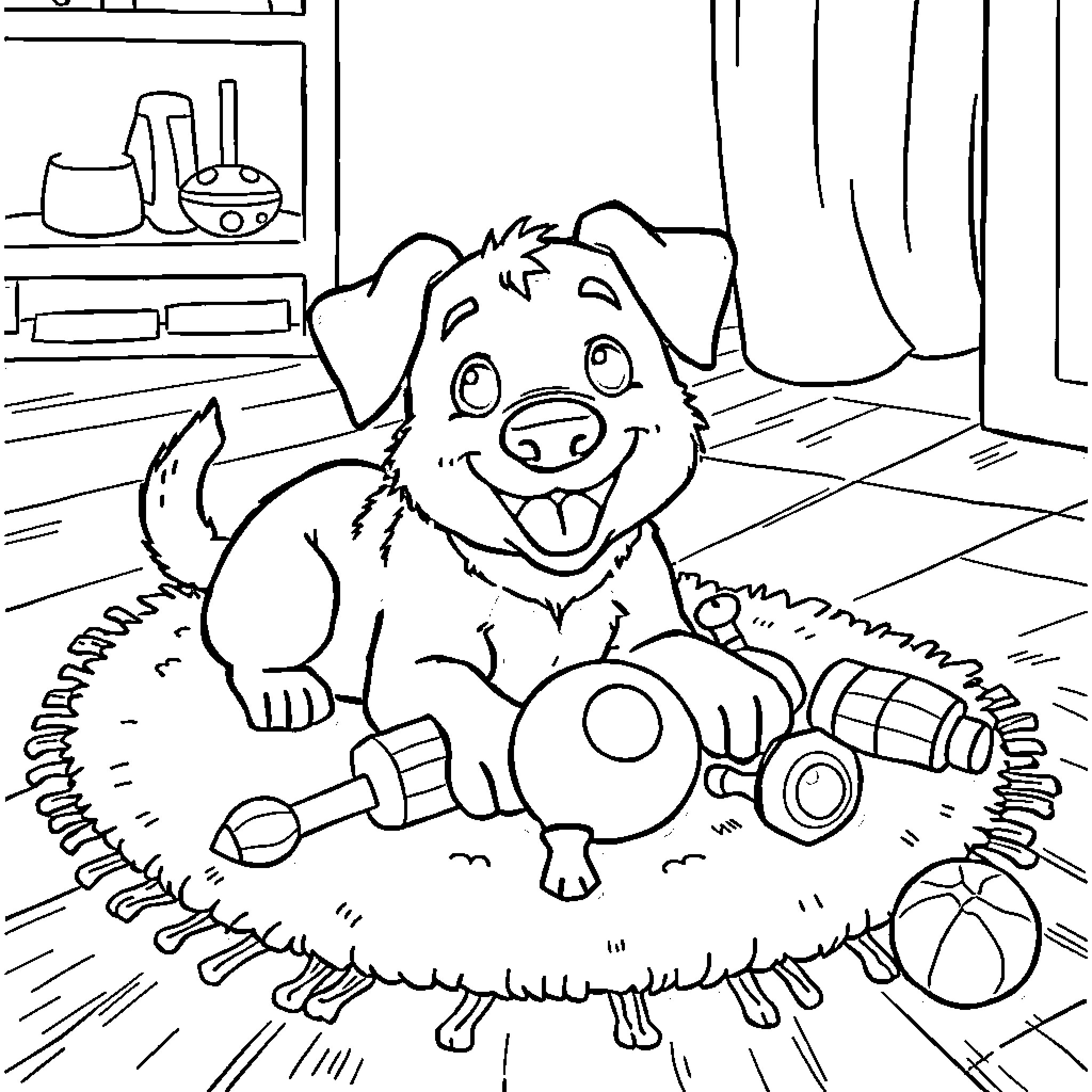 Bluey playing with toys in the living room Coloring Page (free black-and-white line drawing printable PDF for all, from beginners to advanced learners, including children, teens, adults, and seniors)